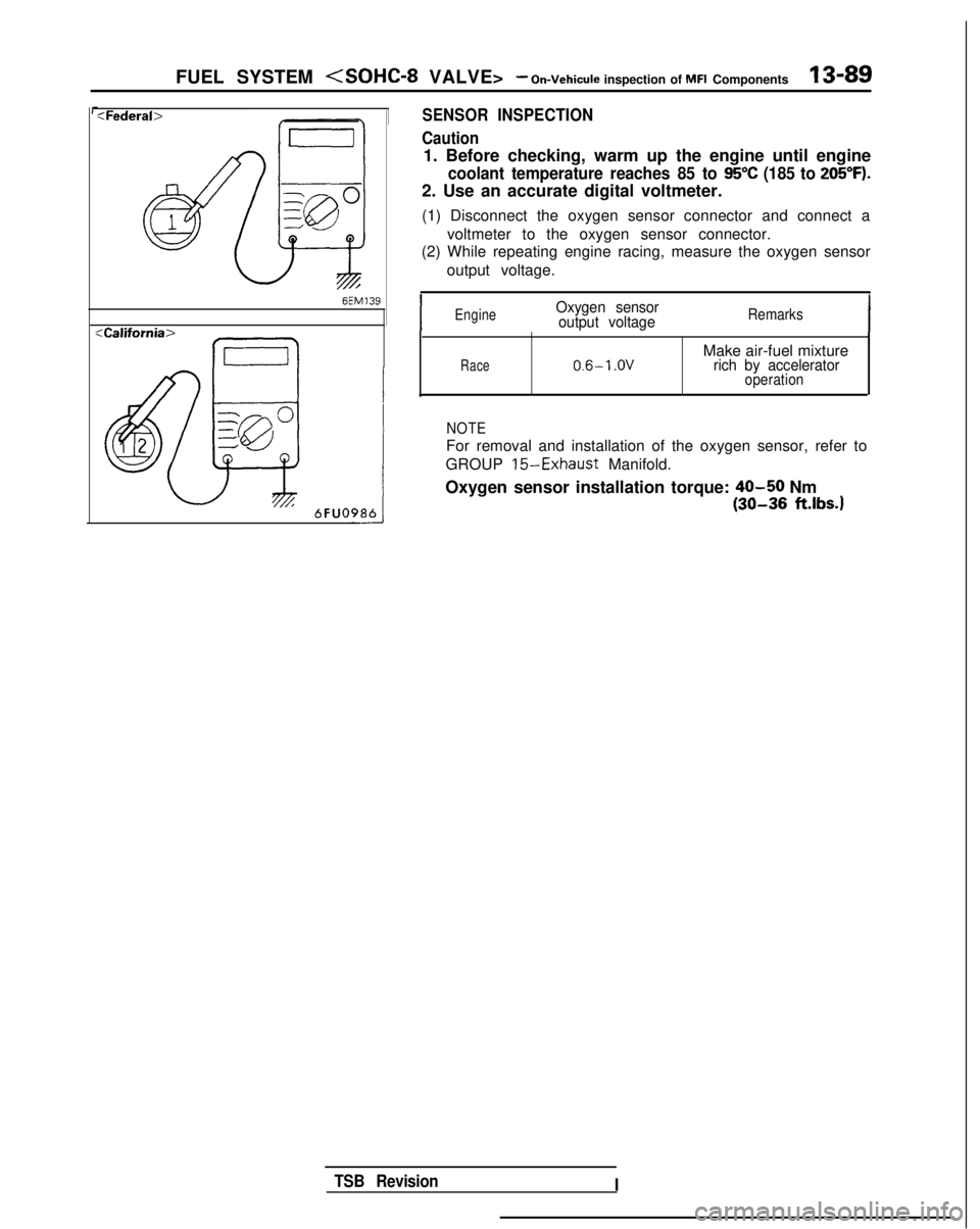 MITSUBISHI GALANT 1989  Service Repair Manual FUEL SYSTEM <SOHC-8 VALVE>- On-Vehicule inspection of MFI Components13-89
:Federab
:California>
Ea
SENSOR INSPECTION
Caution
1. Before checking, warm up the engine until engine
coolant temperature rea