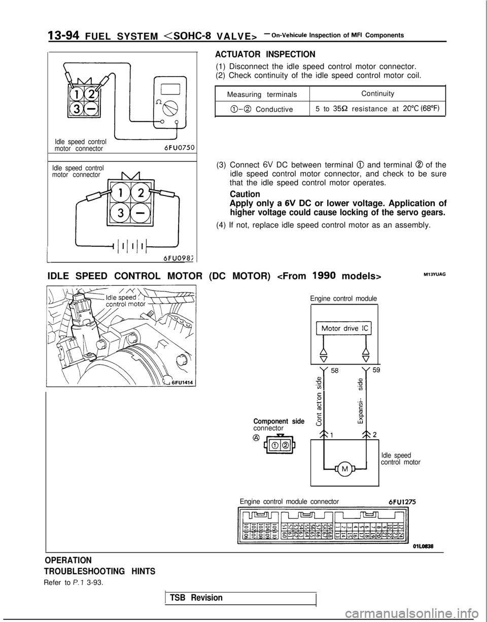 MITSUBISHI GALANT 1989  Service Repair Manual 13-94 FUEL SYSTEM <SOHC-8 VALVE>- On-Vehicule Inspection of MFI Components
1
Idle speed control
motor connector
Idle speed control
motor connector6FUO750
6FUO9&
ACTUATOR INSPECTION
(1) Disconnect the 