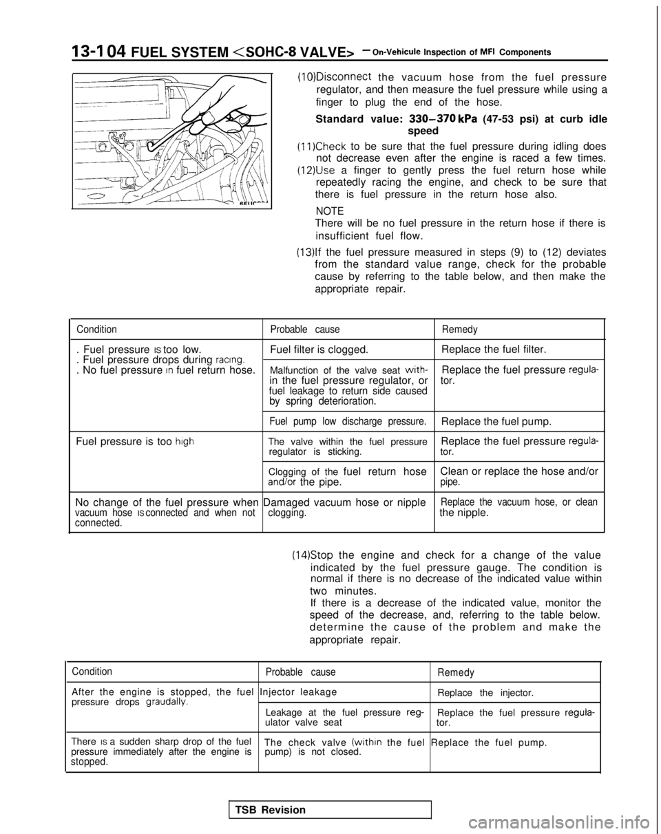 MITSUBISHI GALANT 1989  Service Repair Manual 13-I 04 FUEL SYSTEM <SOHC-8
 VALVE>- On-Vehicule Inspection of MFI Components (10)Disconnect
 the vacuum hose from the fuel pressure
regulator, and then measure the fuel pressure while using a
finger 