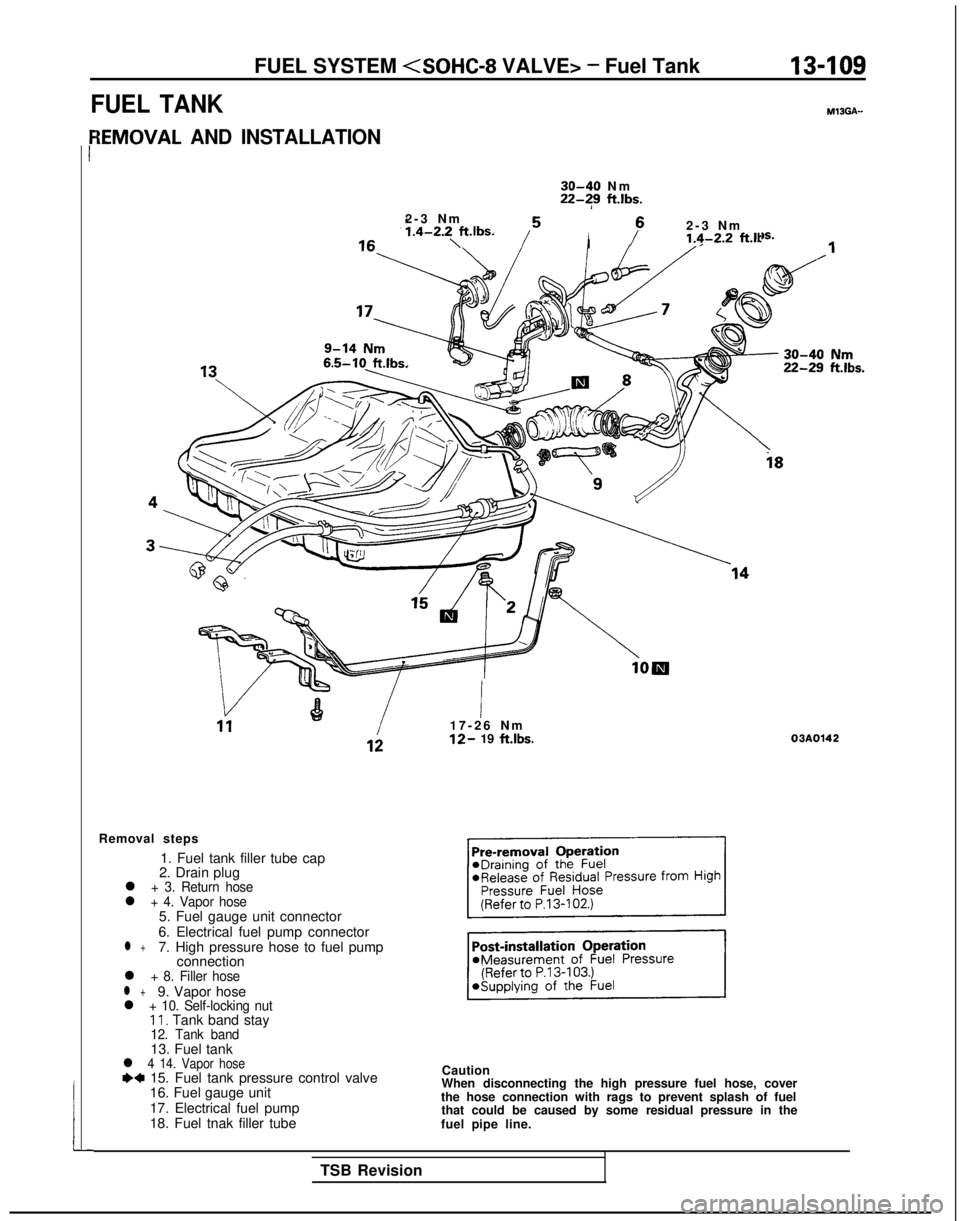 MITSUBISHI GALANT 1989  Service Repair Manual FUEL SYSTEM <SOHC-8 VALVE> - Fuel Tank13-109
FUEL TANK MlSGA-
{EMOVAL AND INSTALLATION
r
30-40 N

m
22-?9 
ft.lbs.
2-3 Nm
1.4-2.2,ft.lbs.IP
2-3 N
 m
1.4-2.2 f-Lit
6.5-10 
ft.lbs.
!I17-26 N

m
12- 19 
