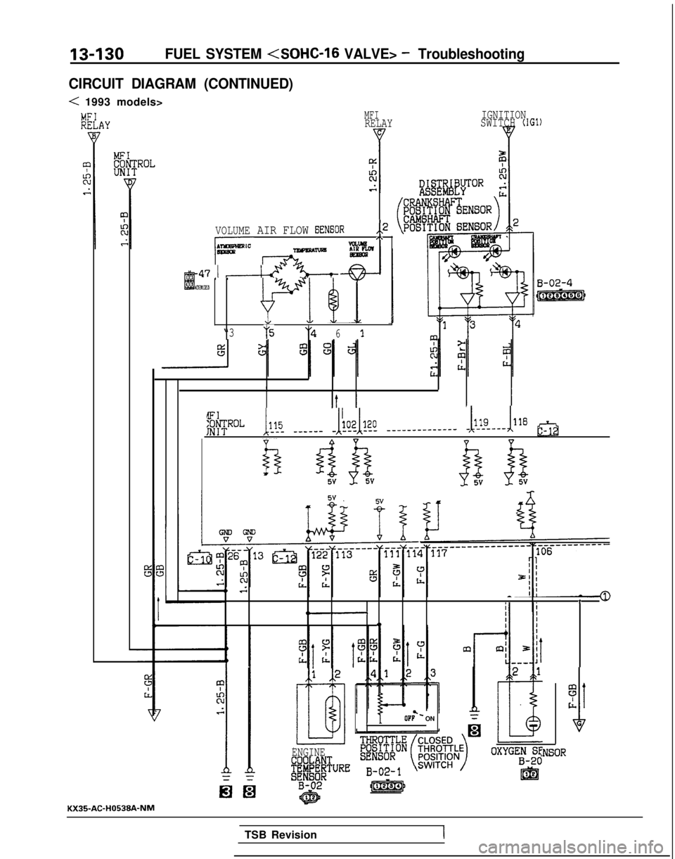 MITSUBISHI GALANT 1989  Service Repair Manual 13-130FUEL SYSTEM <SOHC-l6 VALVE> - Troubleshooting
CIRCUIT DIAGRAM (CONTINUED)
< 1993 models>
VOLUME
A-47 1 &- -%--t
MFIRELAY IGNITIONSWITCH (IGl)
AIR FLOW EXNSOR,,2,\VCLLW7nwmAm
m 468 1ES 1
“375y4