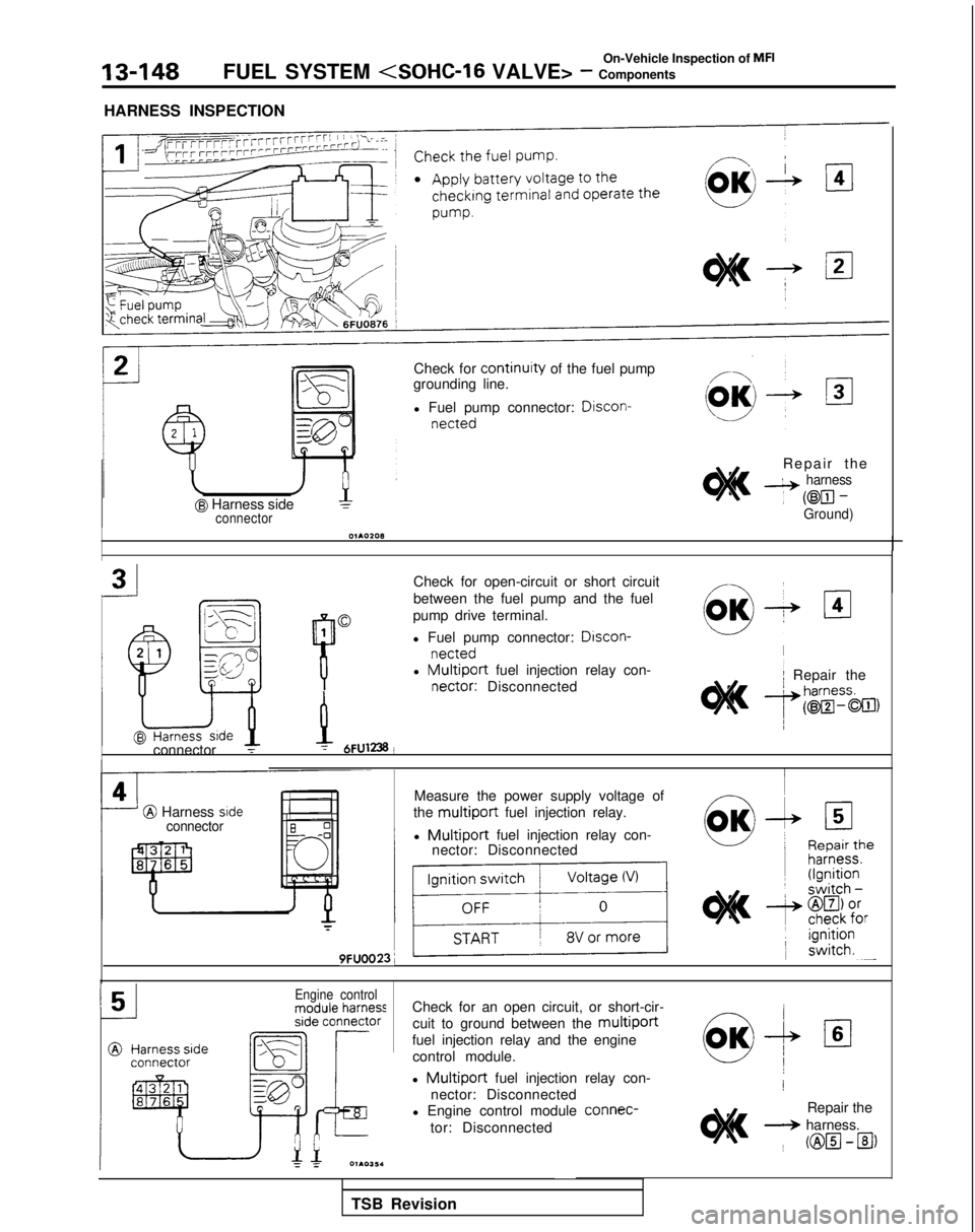 MITSUBISHI GALANT 1989  Service Repair Manual On-Vehicle Inspection of MFI
13-148FUEL SYSTEM (SOHC-16 VALVE> - Components
HARNESS INSPECTION
@ Harness sideconnector
Check for continuity of the fuel pump
grounding line.
l Fuel pump connector:  Dis