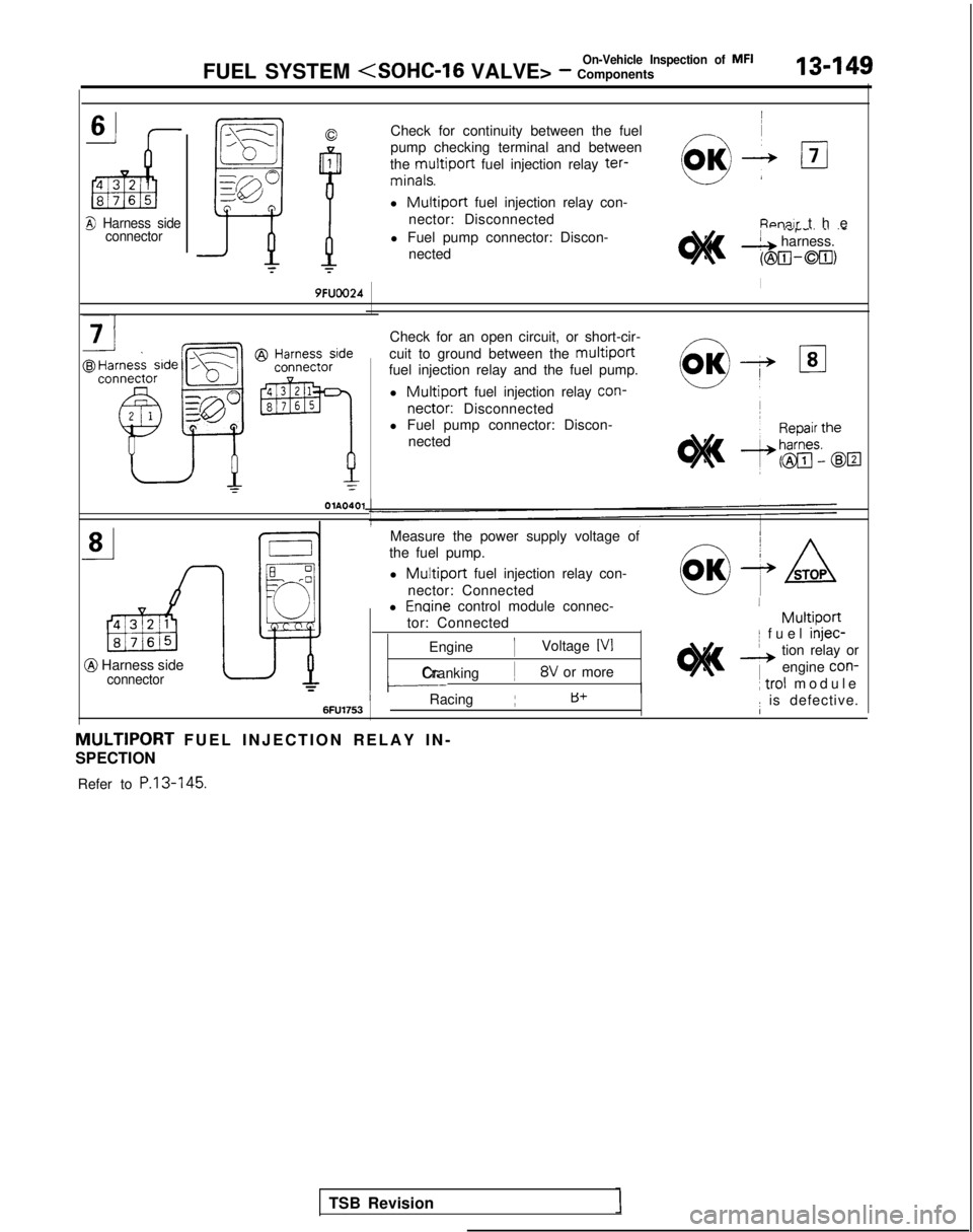 MITSUBISHI GALANT 1989  Service Repair Manual On-Vehicle Inspection of MFIFUEL SYSTEM <SOHC-16
 VALVE> - Components13-149
a Harness side
connector
--------
m
J-----k
N
qp
CI
F
Check for continuity between the fuel
pump checking terminal and betwe