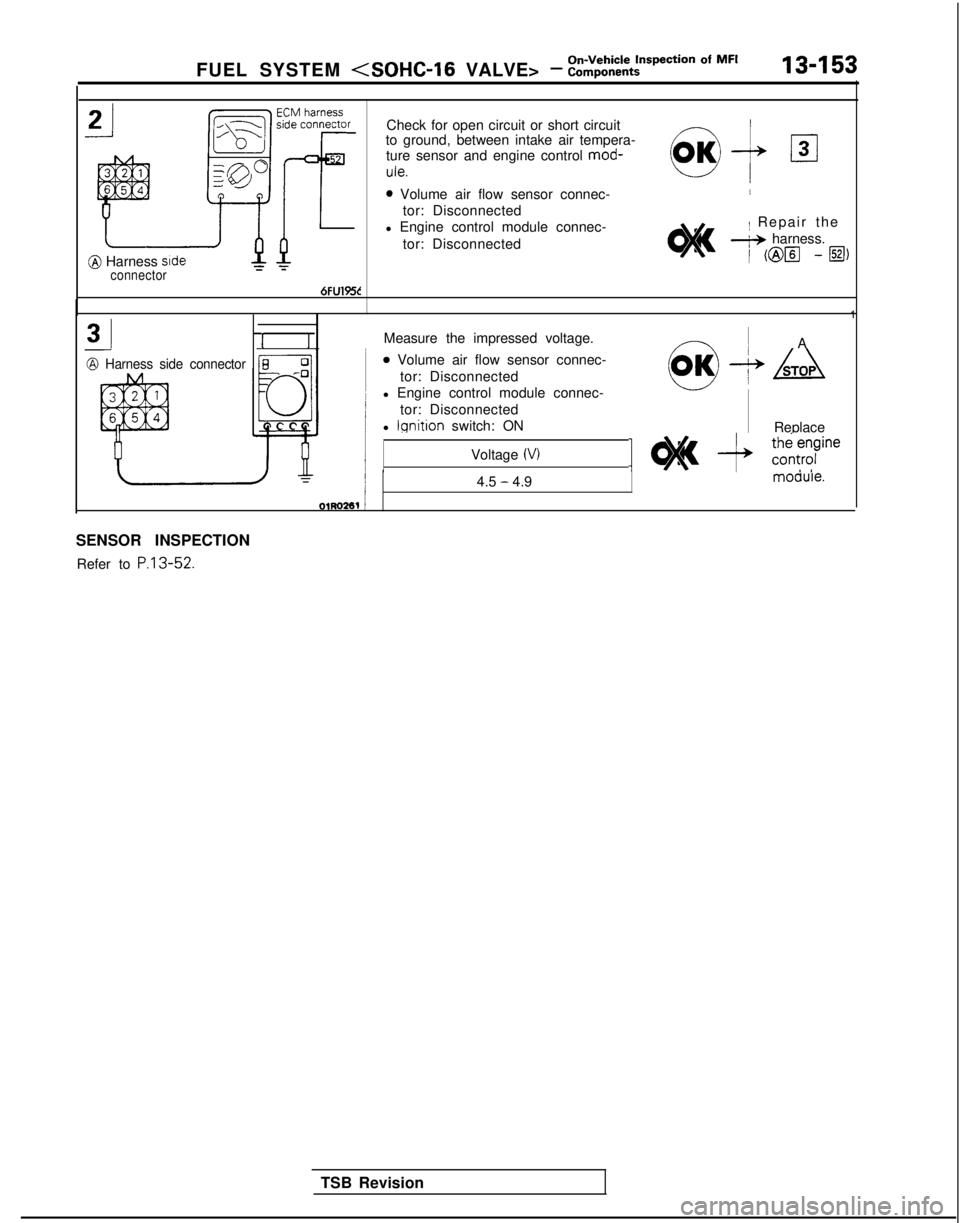 MITSUBISHI GALANT 1989  Service Repair Manual FUEL SYSTEM <SOHC-16 VALVE> - ::ii$%tt=pection Of MF’13-153
@ Harness srdeconnector
Check for open circuit or short circuit
to ground, between intake air tempera-
ture sensor and engine control  mod