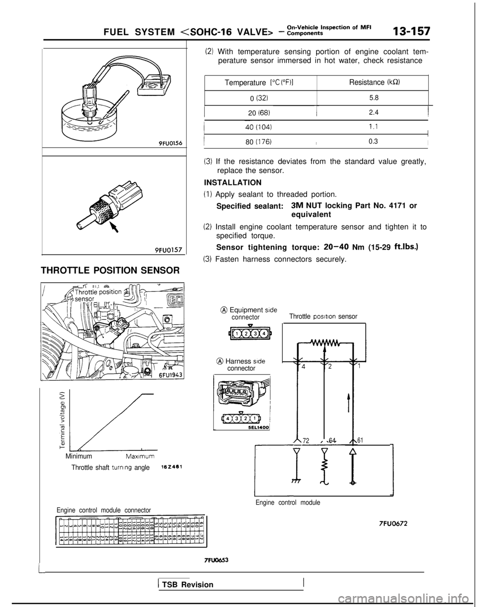 MITSUBISHI GALANT 1989  Service Repair Manual FUEL SYSTEM (SOHC-16 VALVE> - ::ii,,k%ti=pec*ion Of MF’13-157
9FUO156
9FUO157
THROTTLE POSITION SENSOR
MinimumMaxlmum
Throttle shaft turning angle162461
(21 With temperature sensing portion of engin