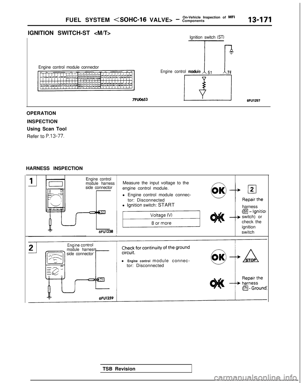 MITSUBISHI GALANT 1989  Service Repair Manual On-Vehicle Inspection of  MFI
FUEL SYSTEM (SOHC-16 VALVE> - Components13-171
IGNITION SWITCH-ST <M/T>Ignition switch (ST)
Engine control module connector T
-nEngine control module5171
OPERATION INSPEC