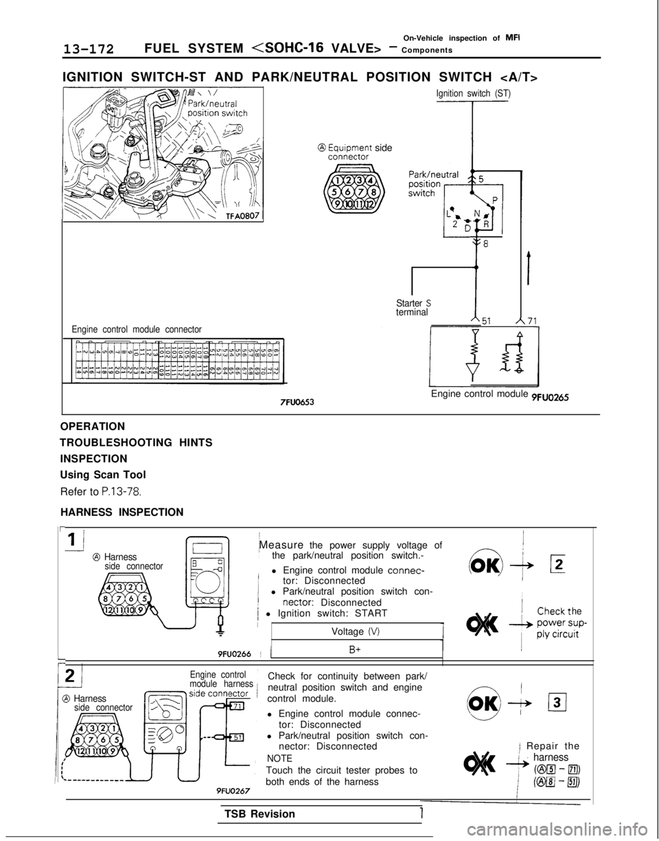 MITSUBISHI GALANT 1989  Service Repair Manual 13-172
On-Vehicle inspection of MFI
FUEL SYSTEM 
<SOHC-16 VALVE> - Components
IGNITION SWITCH-ST AND PARK/NEUTRAL POSITION SWITCH <A/T>
Ignition switch (ST)
-T-@ k&pe;grt side
Starter Sterminalf
8
I 7