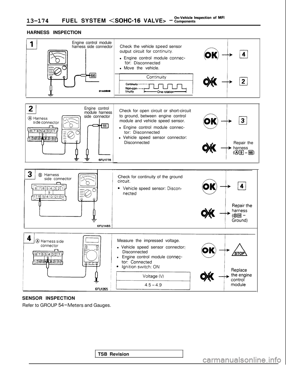MITSUBISHI GALANT 1989  Service Repair Manual 13-174FUEL SYSTEM <SOHC-16 VALVE> - :::;:%t~pection Of MF’
HARNESS INSPECTION
Engine control module
harness side connectorCheck the vehicle  speed
 sensor-output circuit for  continuity.
l Engine co