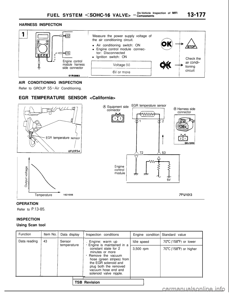 MITSUBISHI GALANT 1989  Service Repair Manual On-Vehicle Inspection of  MFI
FUEL SYSTEM (SOHC-16 VALVE> -  Components13-177
HARNESS INSPECTION
Y
Engine control
module harness
-;side connector
01noee3
AIR CONDITIONING INSPECTION
Refer to GROUP 
55