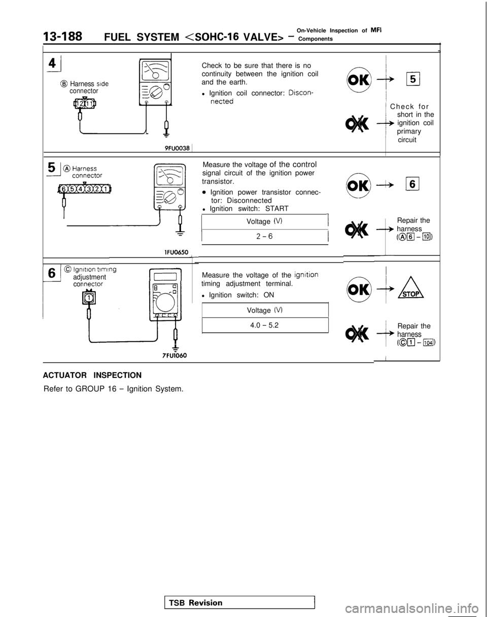 MITSUBISHI GALANT 1989  Service Repair Manual -i4
@Harness side
connector
/
Check to be sure that there is no
continuity between the ignition coil
and the earth.
l Ignition coil connector:  Discon-
netted/ Check fo

r
short in the
ignition coil
p
