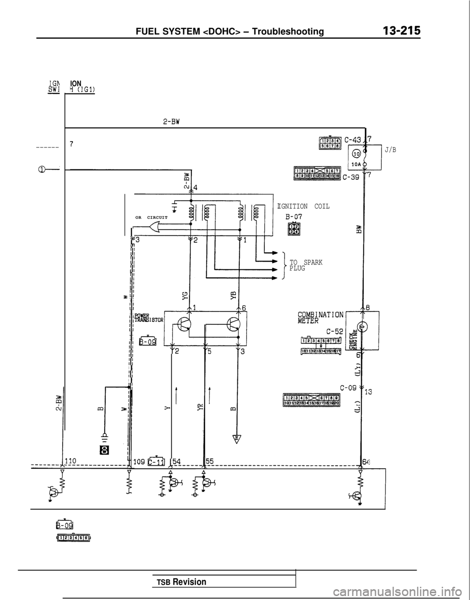 MITSUBISHI GALANT 1989  Service Repair Manual FUEL SYSTEM <DOHC> - Troubleshooting13-215
IGhSW1-
------
P
IONY (IGl)
2-BW
r
a,
r,
II
II
iI
II
It
$I I
III I
II
fII II I
II
II
ItI I
III I
-+I
IGNITION COIL
OR CIRCUITB-07
12El34
TO SPARK
PLUG
“2
I