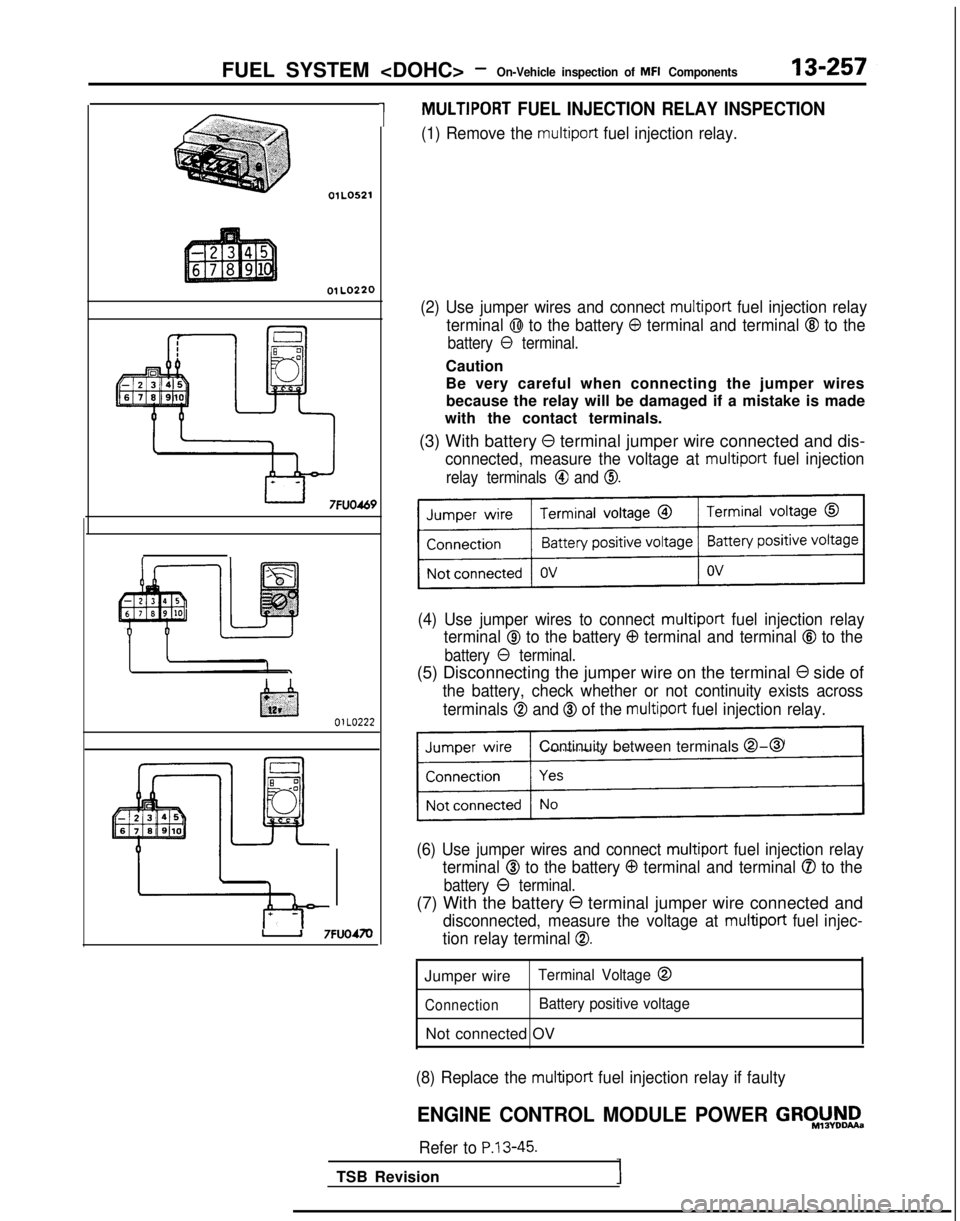 MITSUBISHI GALANT 1989 Service Repair Manual FUEL SYSTEM <DOHC> -On-Vehicle inspection of MFI Components13-257
OlLO521
01
LO220
fx!l
.‘,~‘,_C;:i2J,‘:,
OlLO222
1J 7FUO470
1MULTIPORT FUEL INJECTION RELAY INSPECTION
(1) Remove the multiport MITSUBISHI GALANT 1989 Service Repair Manual FUEL SYSTEM <DOHC> -On-Vehicle inspection of MFI Components13-257
OlLO521
01
LO220
fx!l
.‘,~‘,_C;:i2J,‘:,
OlLO222
1J 7FUO470
1MULTIPORT FUEL INJECTION RELAY INSPECTION
(1) Remove the multiport