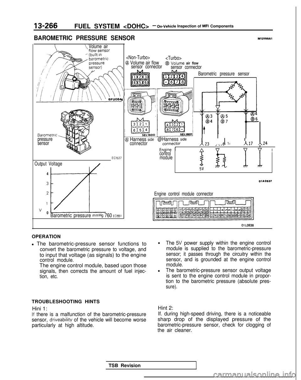MITSUBISHI GALANT 1989  Service Repair Manual 13-266FUEL SYSTEM <DOHC>- On-vehicle Inspection of MFI Components
BAROMETRIC PRESSURE SENSORMl3VHPYPl
\ Volume air
Barometric
pressure
sensor
Output Voltage
/-4
3
2
1
v 0LzLBarometric pressure mmHg 76