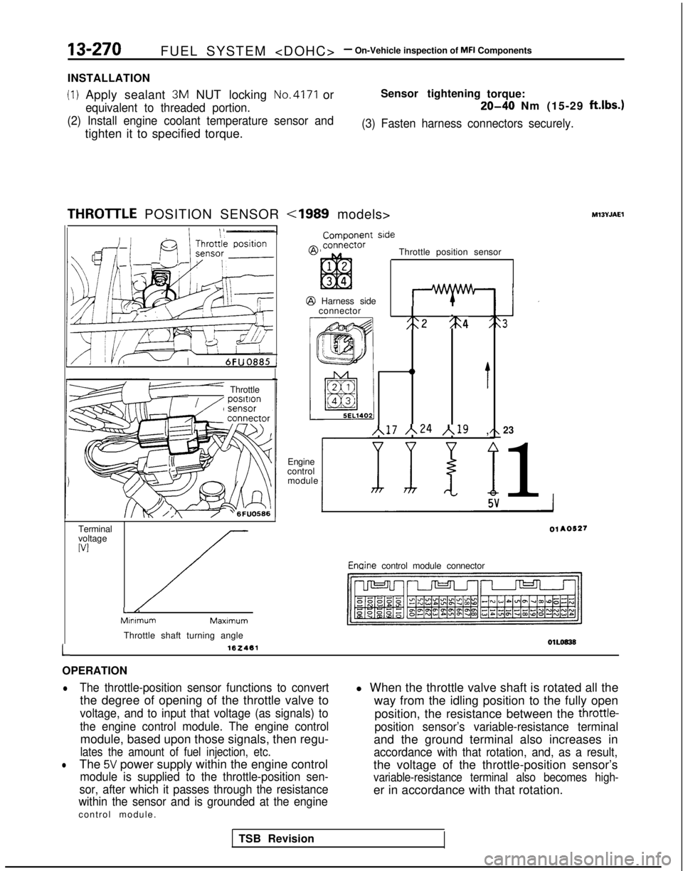 MITSUBISHI GALANT 1989  Service Repair Manual 13-270FUEL SYSTEM <DOHC>- On-Vehicle inspection of MFI Components
INSTALLATION
(1) Apply sealant 3M NUT locking No.4171 or
equivalent to threaded portion.
(2) Install engine coolant temperature sensor