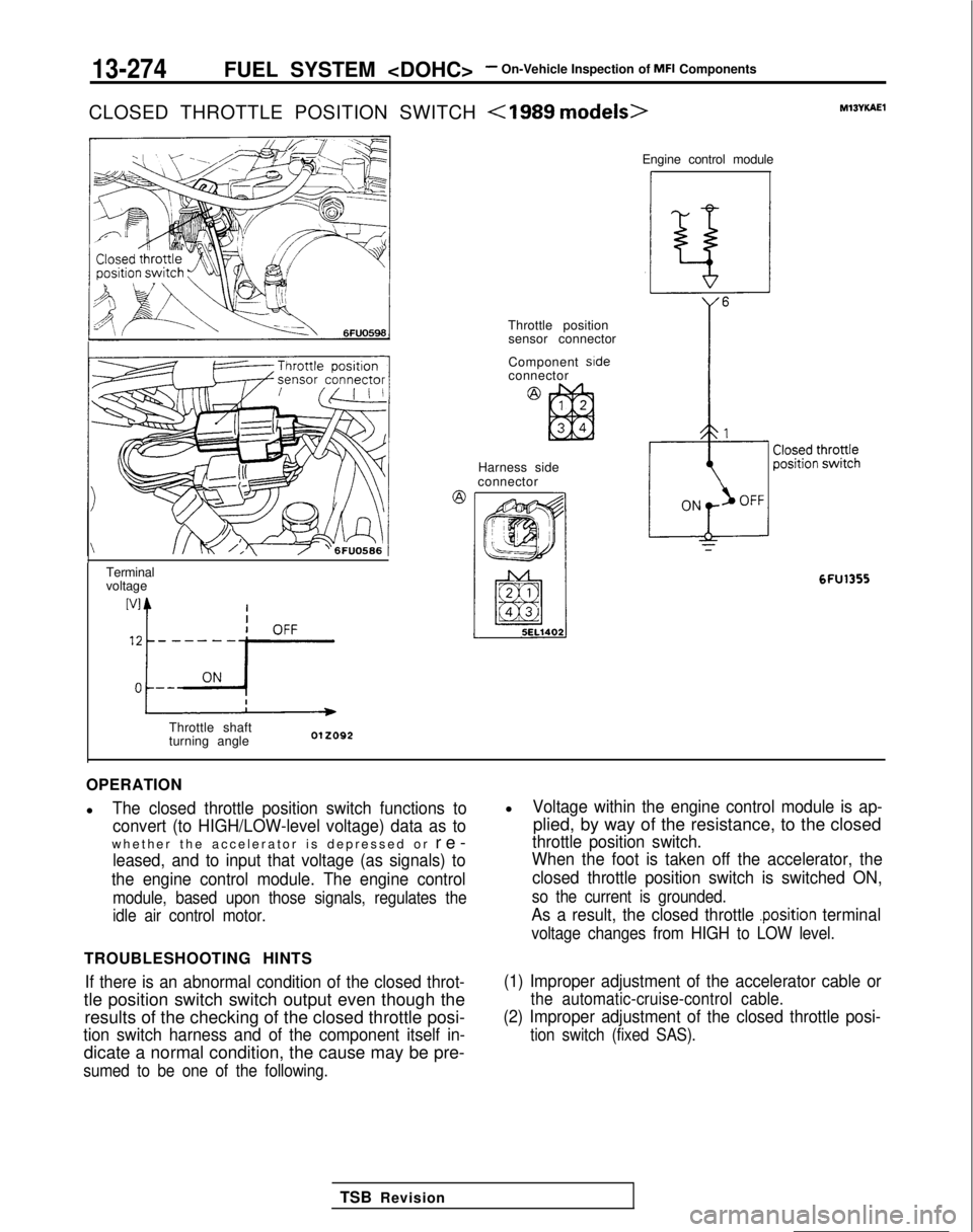MITSUBISHI GALANT 1989  Service Repair Manual 13-274FUEL SYSTEM <DOHC>- On-Vehicle Inspection of MFI Components
CLOSED THROTTLE POSITION SWITCH 
<IS89 models>MlSYKAEl
Terminal
voltage
Throttle shaft
turning angle Engine control module
1
Throttle 