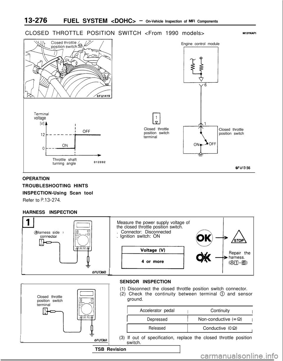 MITSUBISHI GALANT 1989  Service Repair Manual 13-276FUEL SYSTEM <DOHC> -On-Vehicle Inspection of MFI Components
CLOSED THROTTLE POSITION SWITCH <From 1990 models>
Termrnalvoltage
Throttle shaft
turning angle012092
a
1
Closed throttle
position swi