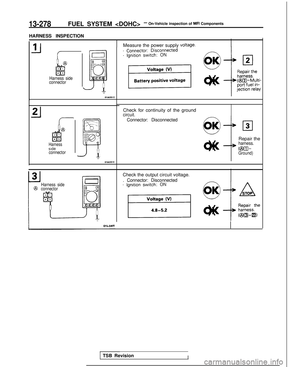 MITSUBISHI GALANT 1989  Service Repair Manual 13-278FUEL SYSTEM <DOHC>- On-Vehicle inspection of MFI Components
J-J
Harness side
connector
E-:
~
0
r01.0512
HARNESS INSPECTION
1 I Measure the power supply voltage.
Harnesssideconnector
_ --_
m
/--,