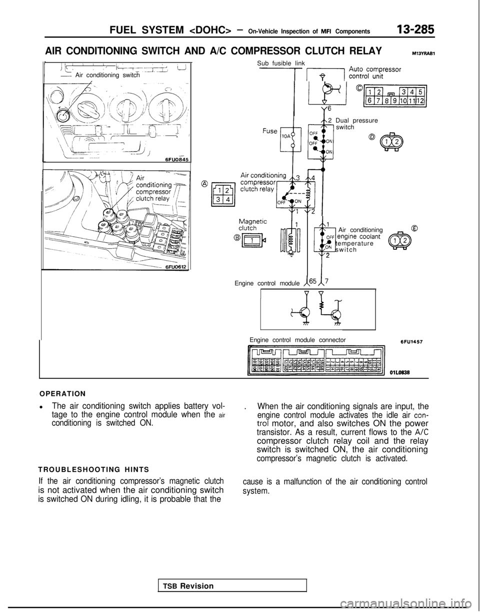 MITSUBISHI GALANT 1989  Service Repair Manual FUEL SYSTEM <DOHC> -On-Vehicle Inspection of MFI Components13-285
AIR CONDITIONING SWITCH AND A/C COMPRESSOR CLUTCH RELAYmt3n7.4al
Jk: L 1 /J l-k~-~+ L!- Air conditioning switch
0
/’ 
’ ’ -~.i>
