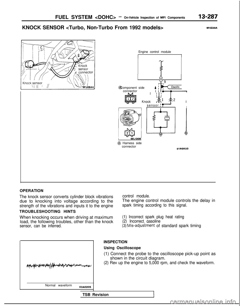 MITSUBISHI GALANT 1989  Service Repair Manual FUEL SYSTEM <DOHC> -On-Vehicle Inspection of MFI Components 13-287
KNOCK SENSOR <Turbo, Non-Turbo From 1992 models>
M13zAAA
Engine control module
1 @ Component side
Oscillo
connector
I it’
ti hoc: !