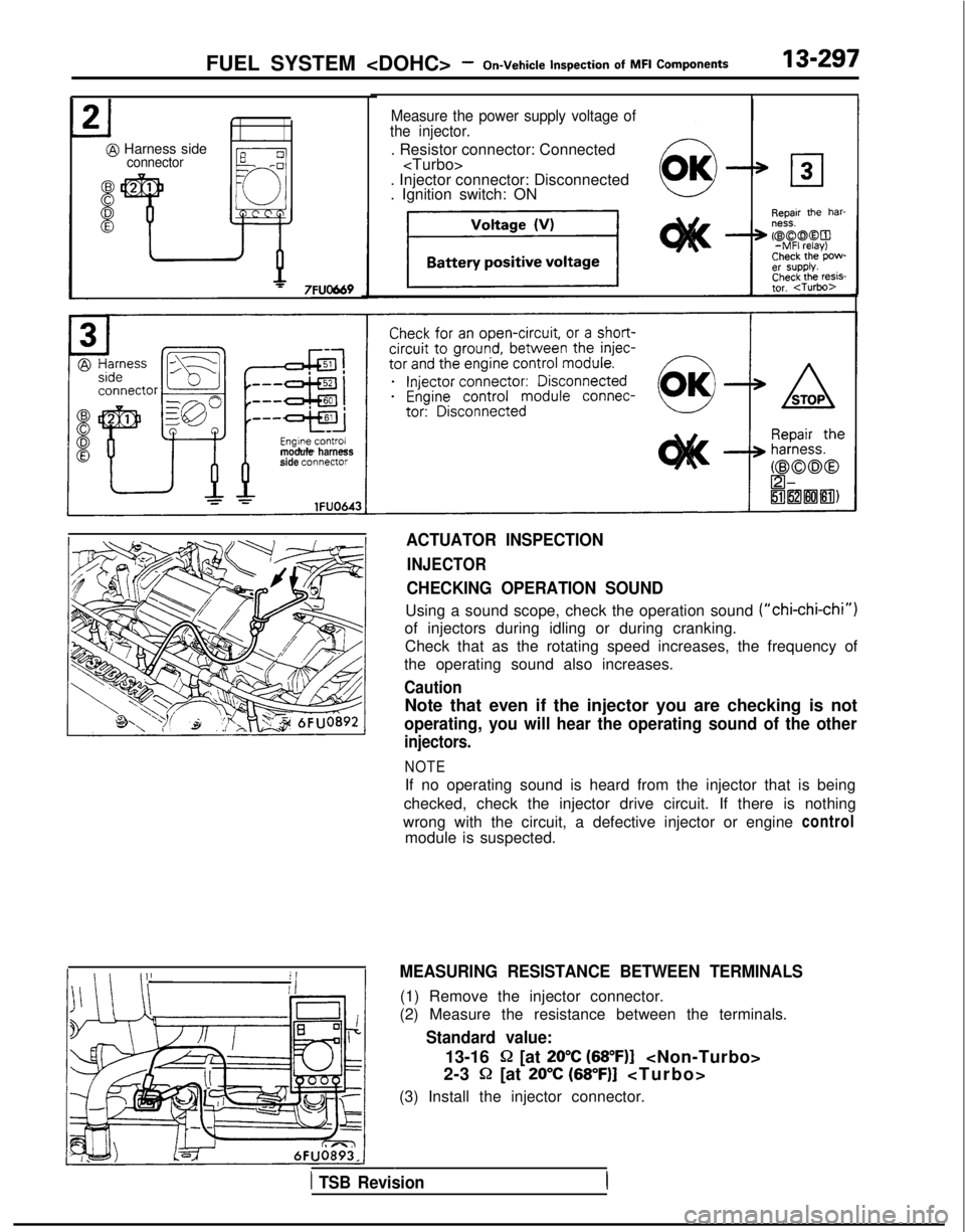 MITSUBISHI GALANT 1989  Service Repair Manual FUEL SYSTEM <DOHC> - On-Vehicle
  inspection
 of  MFI
  Components13-297
@I Harness sideconnector
Measure the power supply voltage of
the injector.
. Resistor connector: Connected <Turbo>
. Injector c