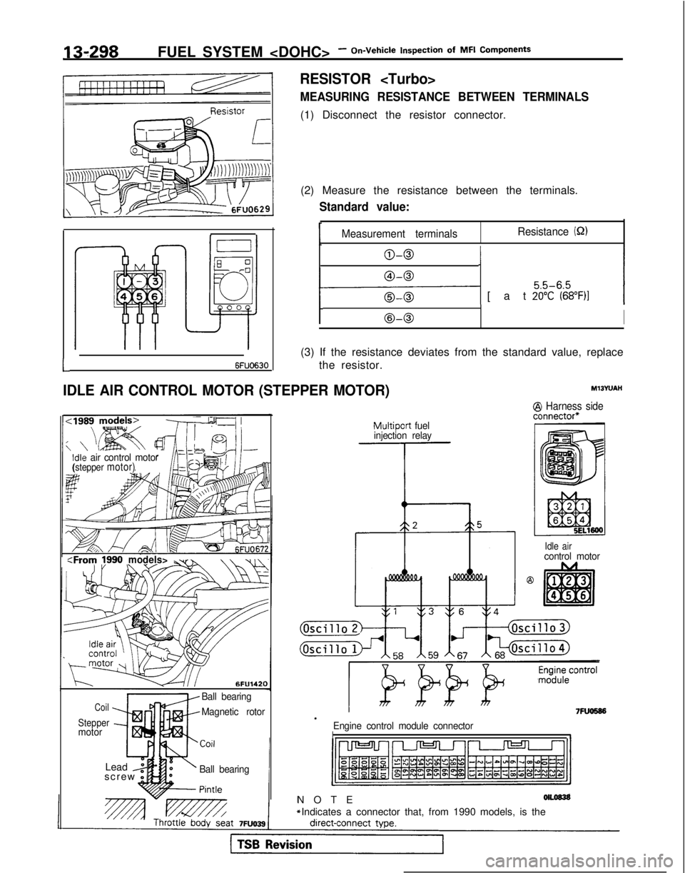 MITSUBISHI GALANT 1989  Service Repair Manual 131298FUEL SYSTEM <DOHC>- On-Vehicle Inspection
  of
 MFI  Components
E 0,-I3
4
El00
RESISTOR <Turbo>
MEASURING RESISTANCE BETWEEN TERMINALS
(1) Disconnect the resistor connector.
(2) Measure the resi