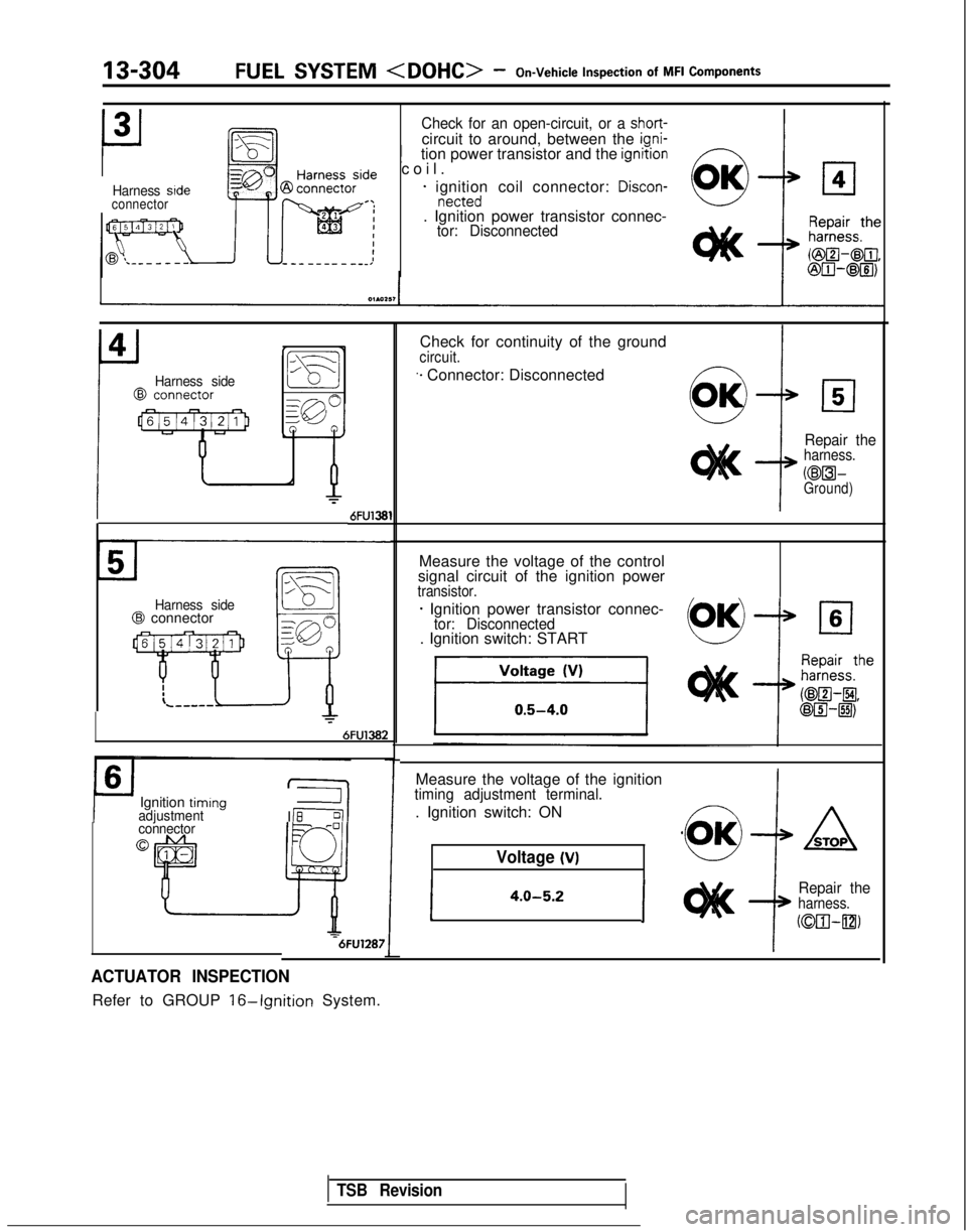 MITSUBISHI GALANT 1989  Service Repair Manual 13-304FUEL SYSTEM <DOHC> - On-Vehicle
  Inspection
  of  MFI
  Components
Harness side
connector
Check for an open-circuit, or a short-circuit to around, between the iani- ~
tion power transistor and 