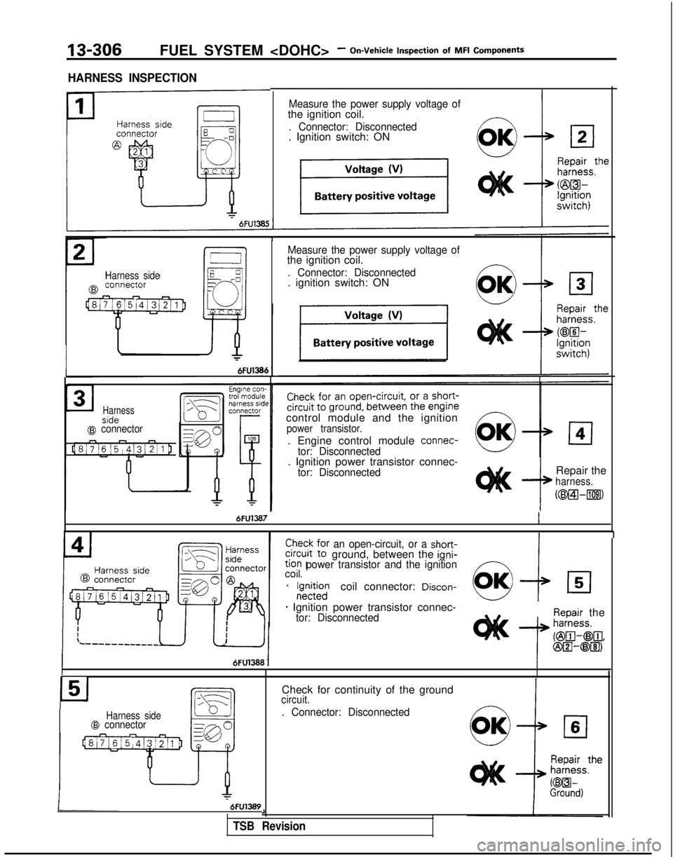 MITSUBISHI GALANT 1989  Service Repair Manual 13-306FUEL SYSTEM <DOHC>- On-Vehicle
  Inspection
  of
  MFI
  Components
Harnesscirio
-.-.,@ connector
Measure the power supply voltage ofthe ignition coil.
. Connector: Disconnected. Ignition switch