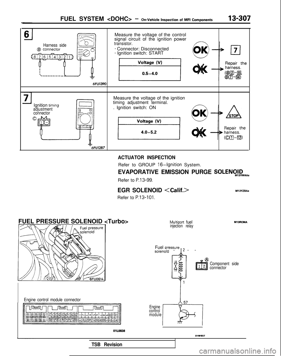 MITSUBISHI GALANT 1989  Service Repair Manual FUEL SYSTEM <DOHC> -
On-Vehicle
  Inspection
 of  MFI
  Components13-307
Harness side
Measure the voltage of the control
signal circuit of the ignition power
transistor.
* Connector: Disconnected* Ign