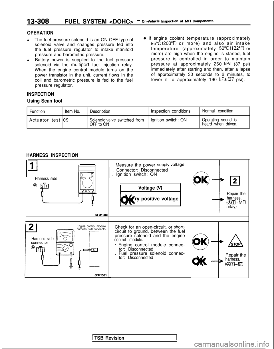 MITSUBISHI GALANT 1989  Service Repair Manual 13-308FUEL SYSTEM <DOHC>- On-Vehicle Inspection
  of
  MFI
  Components
OPERATION
l
The fuel pressure solenoid is an ON-OFF type of
solenoid valve and changes pressure fed into
the fuel pressure regul
