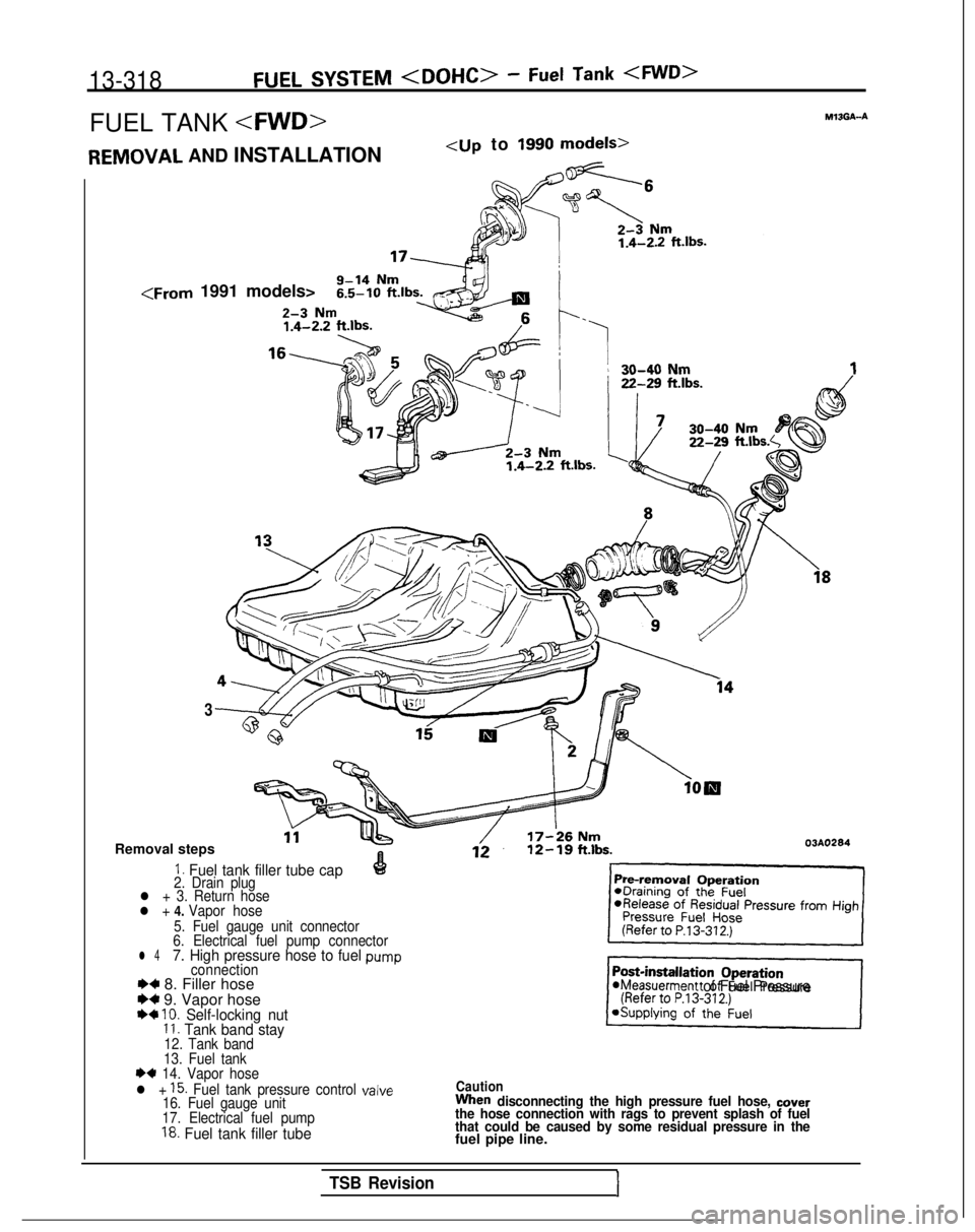 MITSUBISHI GALANT 1989  Service Repair Manual 13-318FUEL SYSTEM <DOHC> - Fuel Tank <FWD>
FUEL TANK <FWD>MIBGA-AREMOVAL
 AND INSTALLATION
<up to 1990 models>
<From 1991 models>
3
Removal steps 03A0284
1. Fuel tank filler tube cap2. Drain plugl + 3