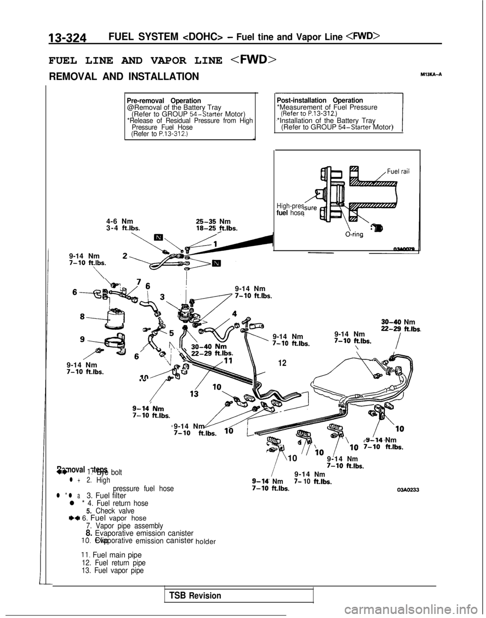 MITSUBISHI GALANT 1989  Service Repair Manual 13-324FUEL SYSTEM <DOHC> - Fuel tine and Vapor Line <FWD>
FUEL LINE AND VAPOR LINE 
<FWD>
REMOVAL AND INSTALLATIONM13KA-A
Pre-removal Operation@Removal of the Battery Tray (Refer to GROUP  54-Starter
