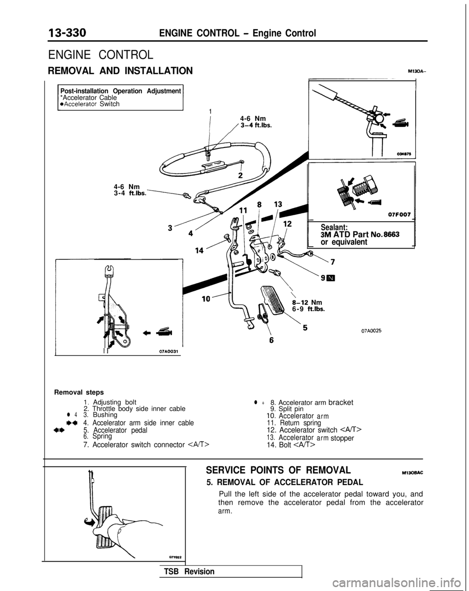 MITSUBISHI GALANT 1989  Service Repair Manual 13-330ENGINE CONTROL - Engine Control
ENGINE CONTROL
REMOVAL AND INSTALLATIONM13OA--
Post-installation Operation Adjustment*Accelerator Cable*Accelerator SwitchI1
i
4-6 Nm
/ 3-4 ft-‘bs.
4-6 Nm3-4 ft