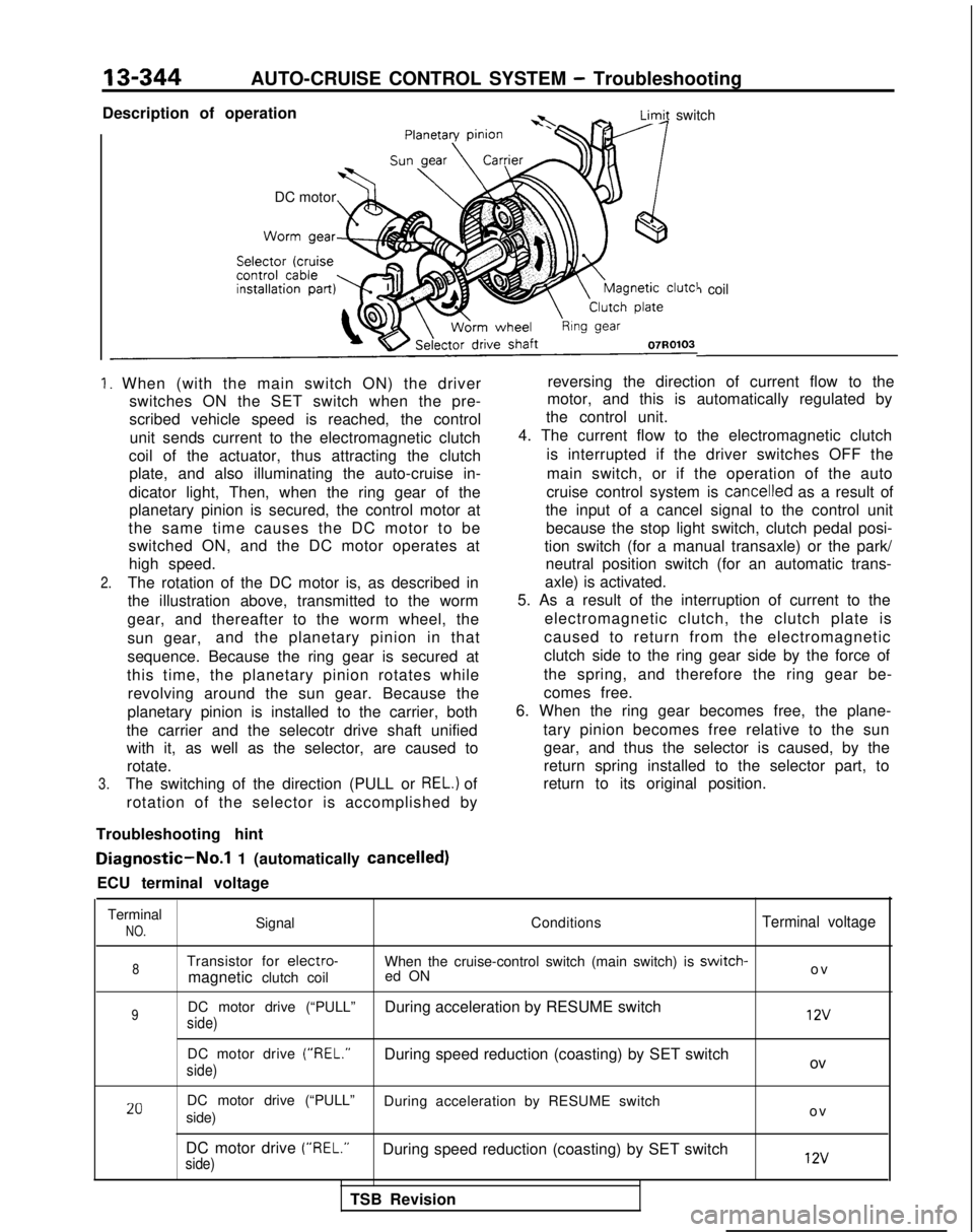 MITSUBISHI GALANT 1989  Service Repair Manual 13-344AUTO-CRUISE CONTROL SYSTEM - Troubleshooting
Description of operation
* -LimA switch
DC motor
7 coil
-
1. When (with the main switch ON) the driver switches ON the SET switch when the pre-
scrib