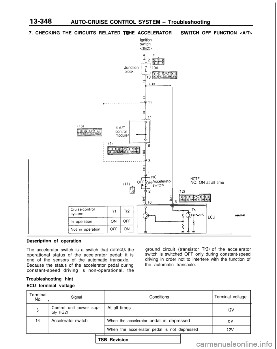 MITSUBISHI GALANT 1989  Service Repair Manual 13-348AUTO-CRUISE CONTROL SYSTEM - Troubleshooting
7. CHECKING THE CIRCUITS RELATED  TO THE ACCELERATOR  SWITCH
 OFF FUNCTION <A/T>
(16)
[ml
Ignition
switch <IG2>
Junction
block
r------_---  ___--- --