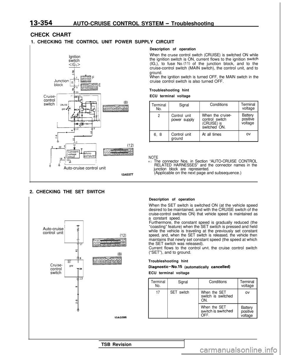 MITSUBISHI GALANT 1989  Service Repair Manual 13-354AUTO-CRUISE CONTROL SYSTEM - Troubleshooting
CHECK CHART 1. CHECKING THE CONTROL UNIT POWER SUPPLY CIRCUIT
Ignitionswitch<IG,>I
Cruise-control
switchI(8)
pmTzREq
4 atAuto-cruise control unit
13A