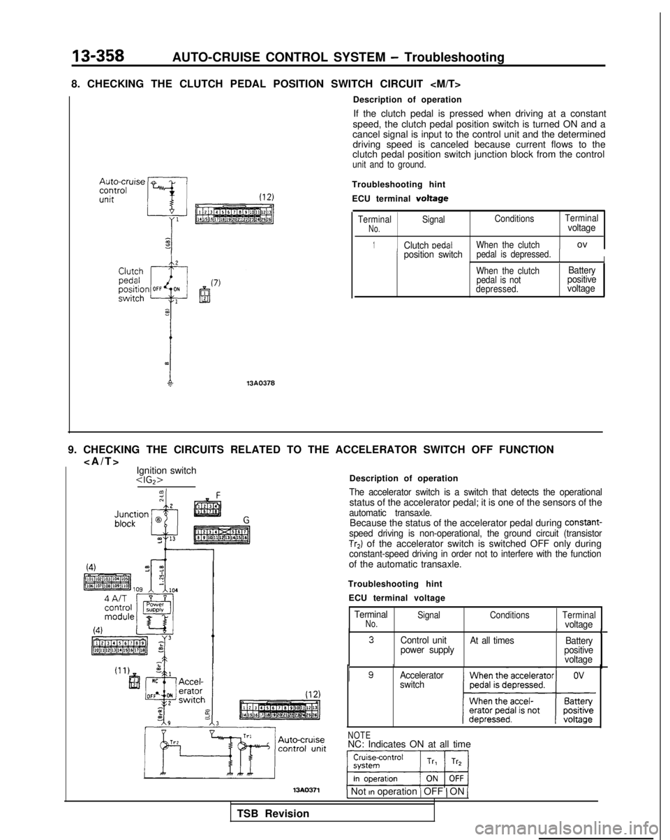 MITSUBISHI GALANT 1989  Service Repair Manual 13-358AUTO-CRUISE CONTROL SYSTEM - Troubleshooting
8. CHECKING THE CLUTCH PEDAL POSITION SWITCH CIRCUIT <M/T>
13A0378
Description of operation If the clutch pedal is pressed when driving at a constant