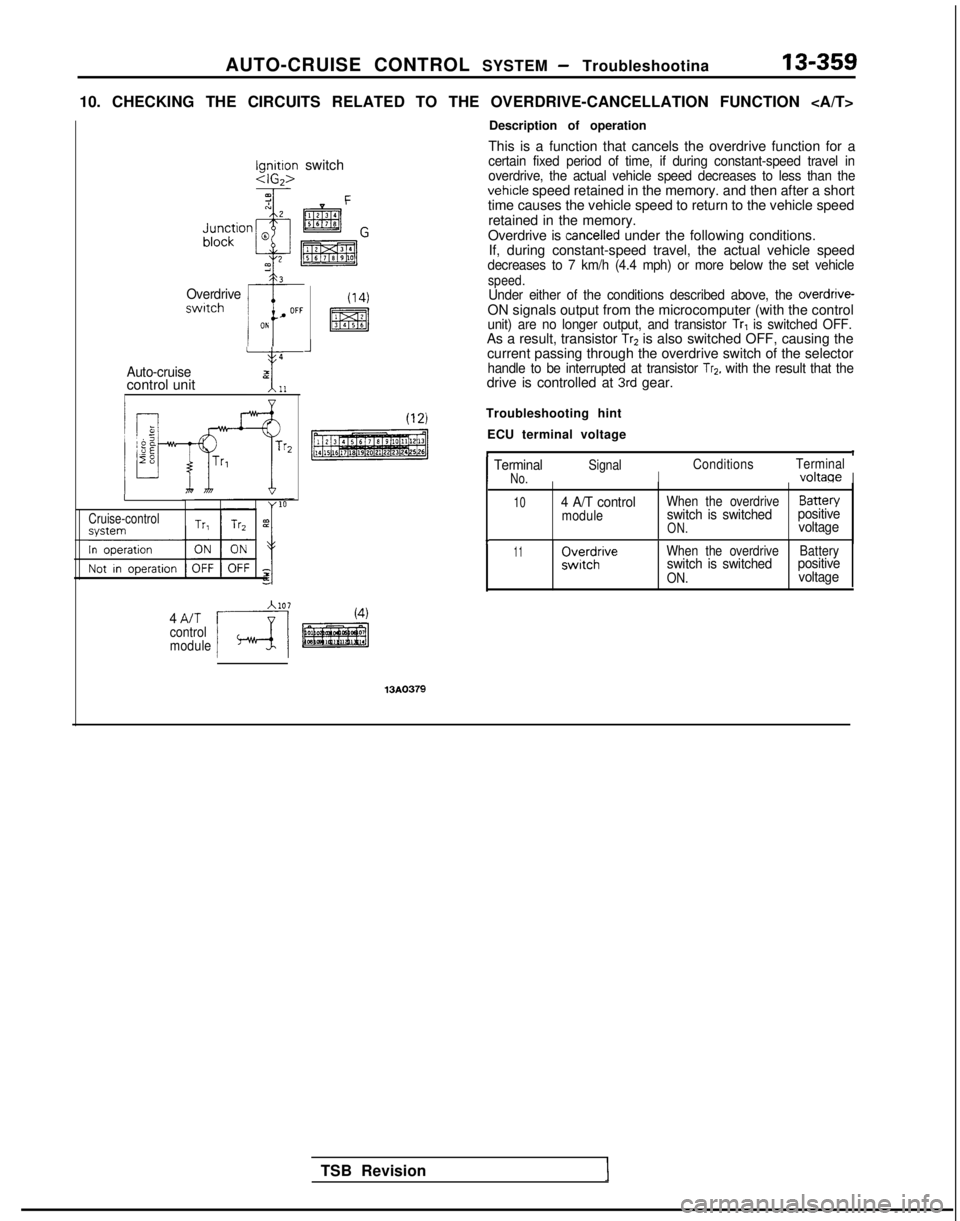 MITSUBISHI GALANT 1989  Service Repair Manual AUTO-CRUISE CONTROL 
SYSTEM - Troubleshootina13-359
10. CHECKING THE CIRCUITS RELATED TO THE OVERDRIVE-CANCELLATION FUNCTION\
 <A/T>
$;c;tly switch
+ c
Overdriveswrtch
4
Auto-cruiseT-kcontrol unitliIV