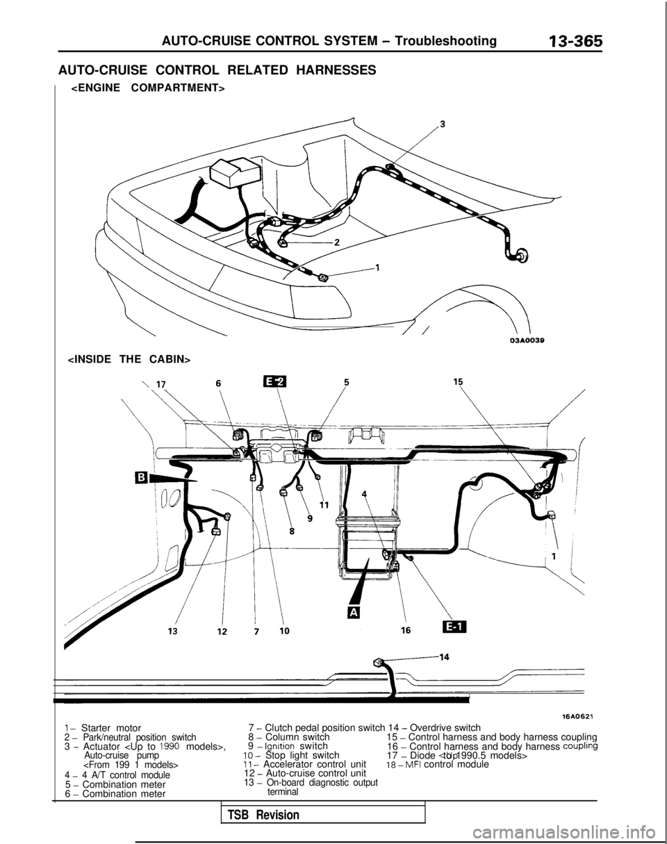 MITSUBISHI GALANT 1989  Service Repair Manual AUTO-CRUISE CONTROL SYSTEM - Troubleshooting13-365
AUTO-CRUISE CONTROL RELATED HARNESSES
<ENGINE COMPARTMENT>
<INSIDE THE CABIN>
16AO621
1 - Starter motor 7 - Clutch pedal position switch 14 - Overdri
