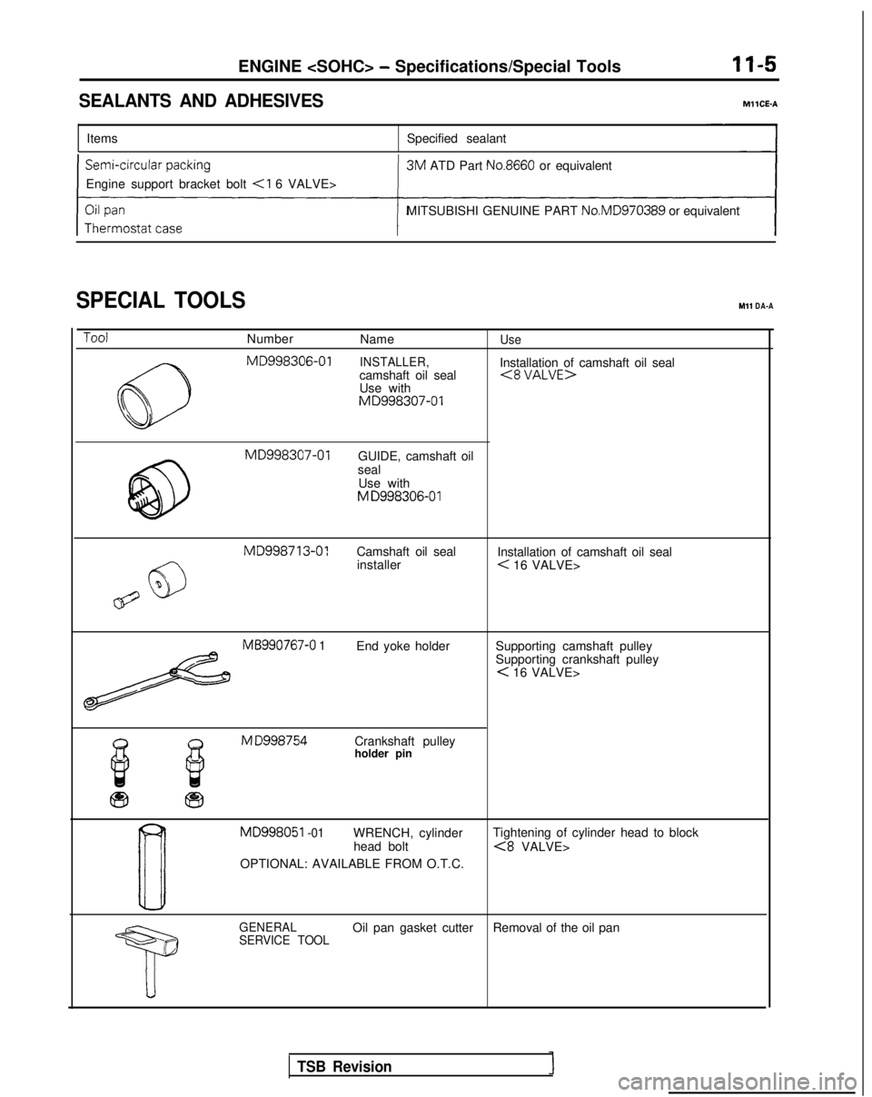 MITSUBISHI GALANT 1989  Service Repair Manual ENGINE <SOHC> - Specifications/Special Tools
SEALANTS AND ADHESIVESMllCE-A
Items
Specified sealant
Engine support bracket bolt 
<I 6 VALVE> 3M
 ATD Part 
No.8660 or equivalent
MITSUBISHI GENUINE PART 