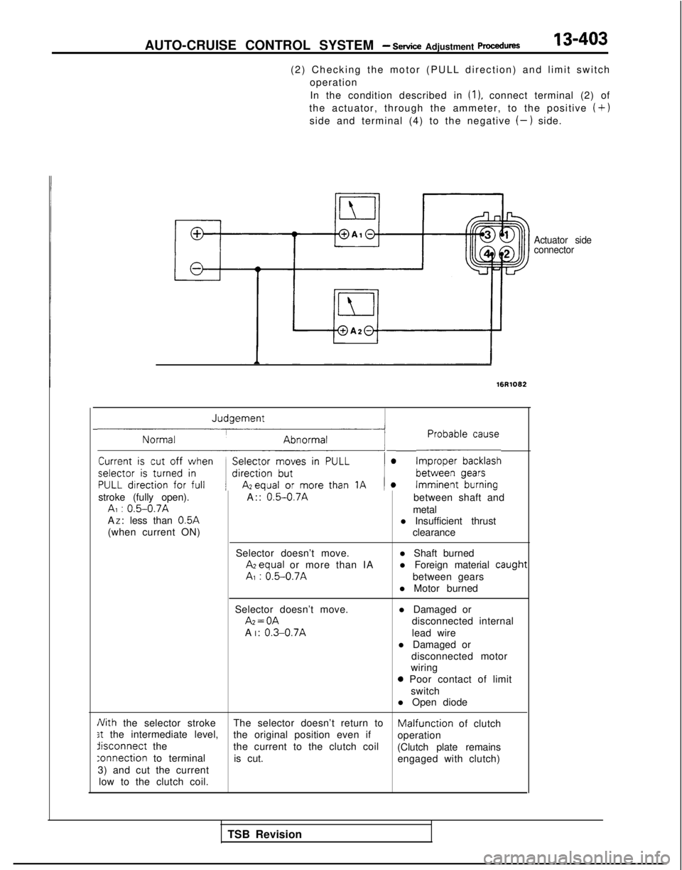 MITSUBISHI GALANT 1989  Service Repair Manual AUTO-CRUISE CONTROL SYSTEM - Service Adjustment procedures13-403
(2) Checking the motor (PULL direction) and limit switch
operation
In the condition described in 
(1). connect terminal (2) of
the actu