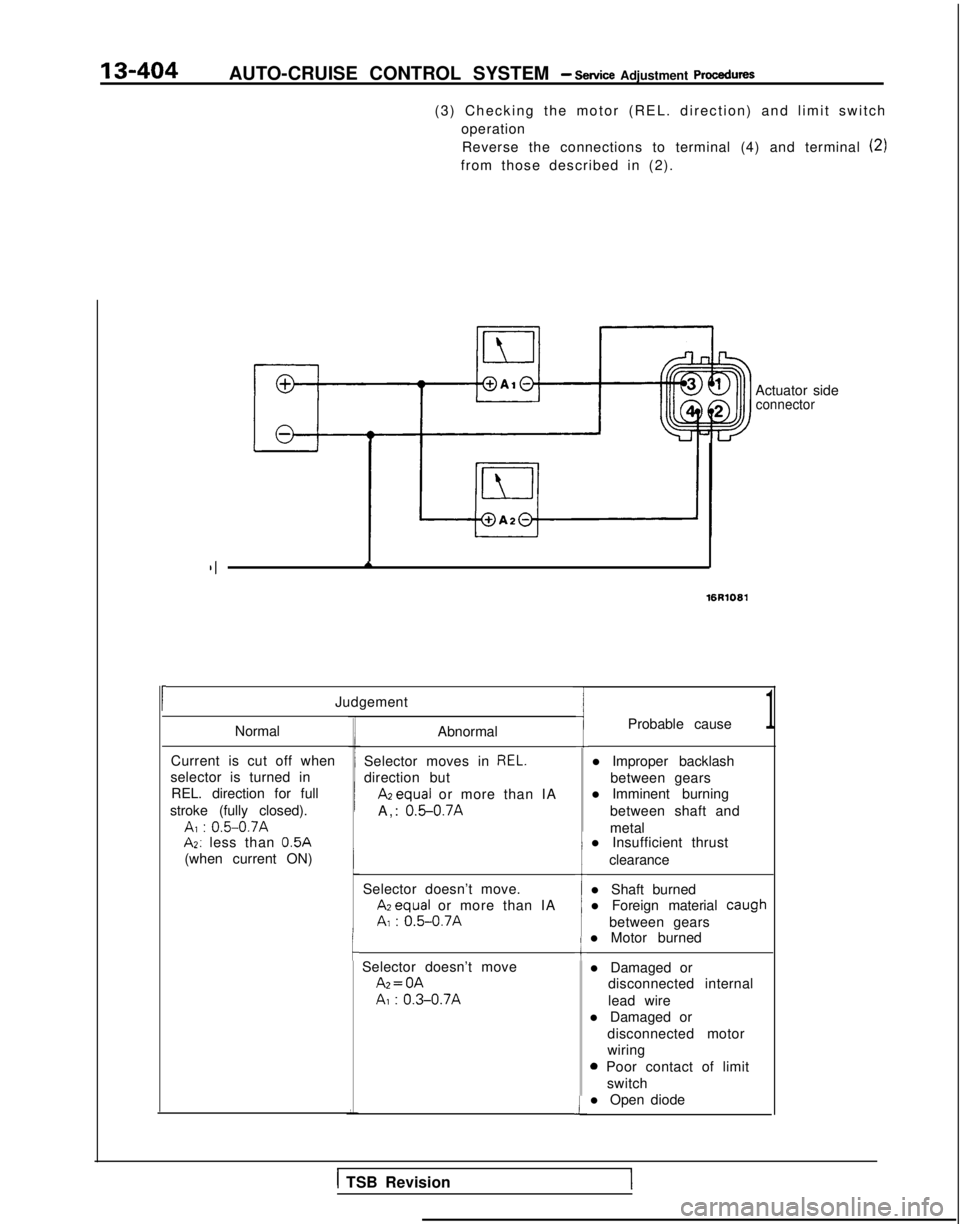 MITSUBISHI GALANT 1989  Service Repair Manual 13-404AUTO-CRUISE CONTROL SYSTEM - Service Adjustment procedures
(3) Checking the motor (REL. direction) and limit switchoperationReverse the connections to terminal (4) and terminal 
(2)
from those d