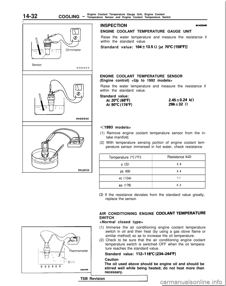 MITSUBISHI GALANT 1989  Service Repair Manual 14-32COOLING -Engine Coolant Temperature Gauge Unit, Engine Coolant
Temperature Sensor and Engine Coolant Temperature Switch
/
Sensor
J
046003
 3
04GOO32
9FUO156
---
--I ‘Oi

l
QQQQQQ2cmn99
INSPECTI