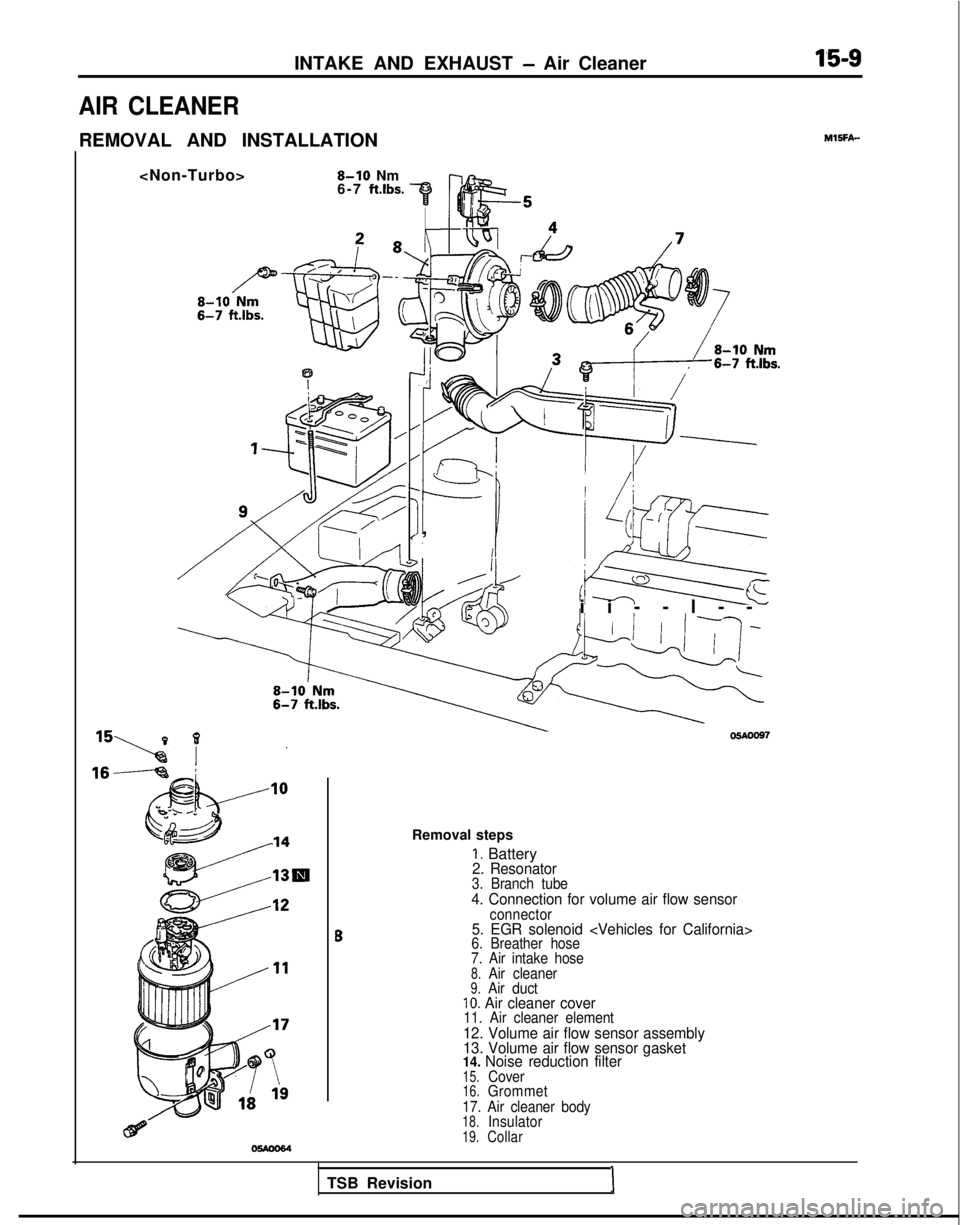 MITSUBISHI GALANT 1989  Service Repair Manual INTAKE AND EXHAUST - Air Cleaner1’5-9
AIR CLEANER
REMOVAL AND INSTALLATIONMlSFA-
<Non-Turbo>8-10 Nm
6-7 ft.lbs.
IKIII
I
I/I /
I, s;qr
ii--l-
 -
05AOO97
Removal steps
1. Battery2. Resonator3. Branch 