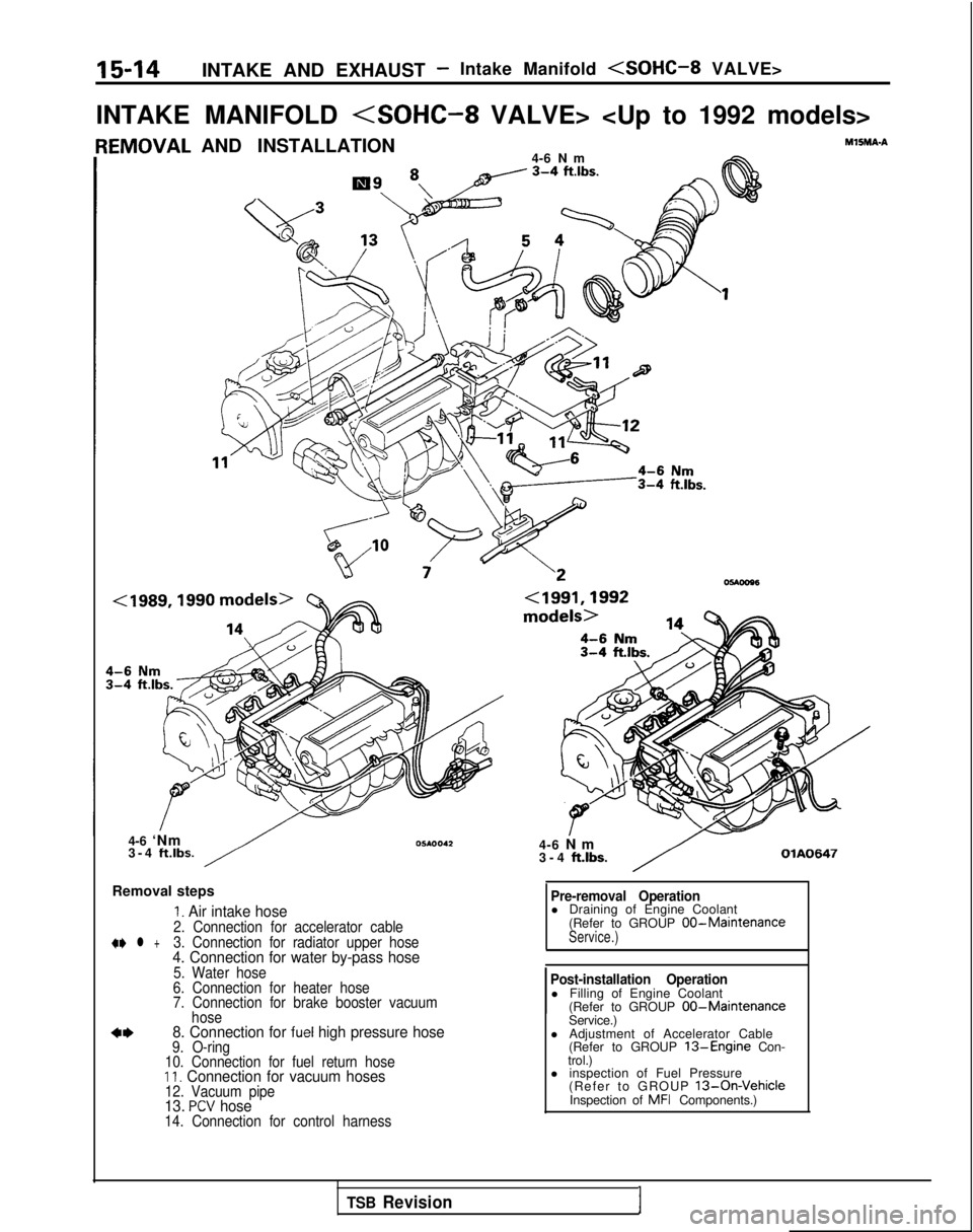 MITSUBISHI GALANT 1989  Service Repair Manual 15-14INTAKE AND EXHAUST -Intake Manifold <SOHC-8 VALVE>
INTAKE MANIFOLD 
<SOHC-8 VALVE> <Up to 1992 models> {EMOVAL
AND INSTALLATION
4-6 Nm
Y “1 ~/c 3-4 ft.‘bs.At
4-6 ‘Nm
3-4 ft.lbs.
Removal ste