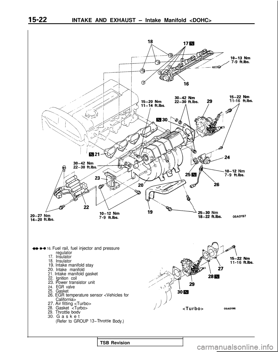 MITSUBISHI GALANT 1989  Service Repair Manual 15-22INTAKE AND EXHAUST - Intake Manifold <DOHC>
lo-13 Nm/ 7-9 ftlbs.
15-22 Nm11-16 
ftlbs.
n
20-27 Nm14-20 ft.lbs.7-9 
ftlbs.
+e I)4 16. Fuel rail, fuel injector and pressureregulator17.Insulator18.I