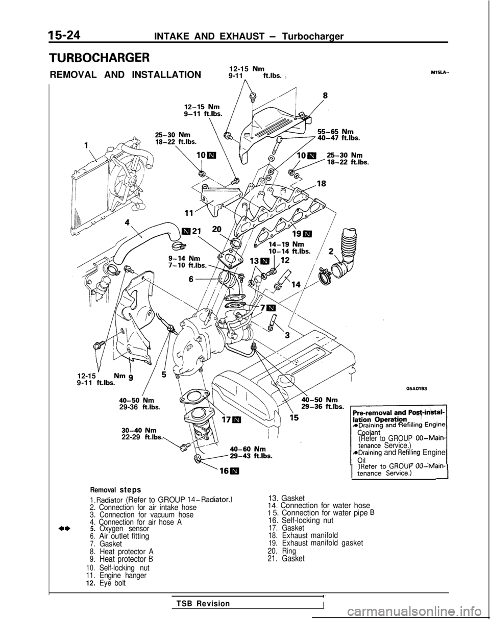 MITSUBISHI GALANT 1989  Service Repair Manual 15-24INTAKE AND EXHAUST - Turbocharger
TURBOCHARGER
REMOVAL AND INSTALLATION12-15 Nm9-11 ft.lbs. )n
MlSLA-
40-47 ftlbs.
v I”12-15 Nm g
9-11 ftlbs.
i40-50 Nm29-36 ft.lbs.
05A0193
30-40 Nm22-29  ftlbs