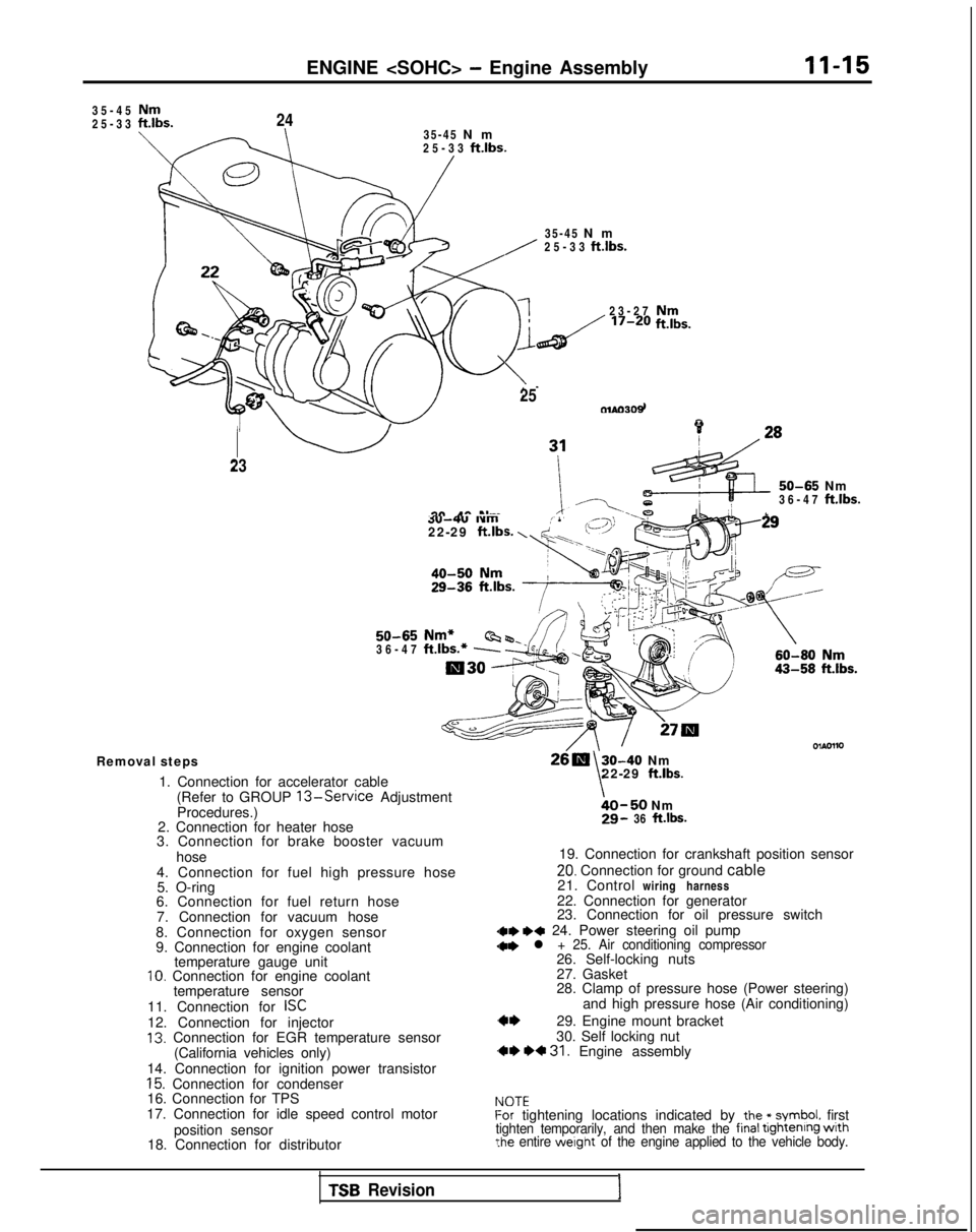 MITSUBISHI GALANT 1989  Service Repair Manual ENGINE <SOHC> - Engine Assembly11-15
35-4

5
25-33 35-45 Nm
25-33 
ft.lbs.
24
35-45  N
 m
25-33 
ft.lbs.
23-2
 7
250166309
I23
:l;nbs.
50-65 Nm
36-47 ft.lbs.
dv--iu wm: ’22-29 ft.lbs. \ d.(,(I3L i