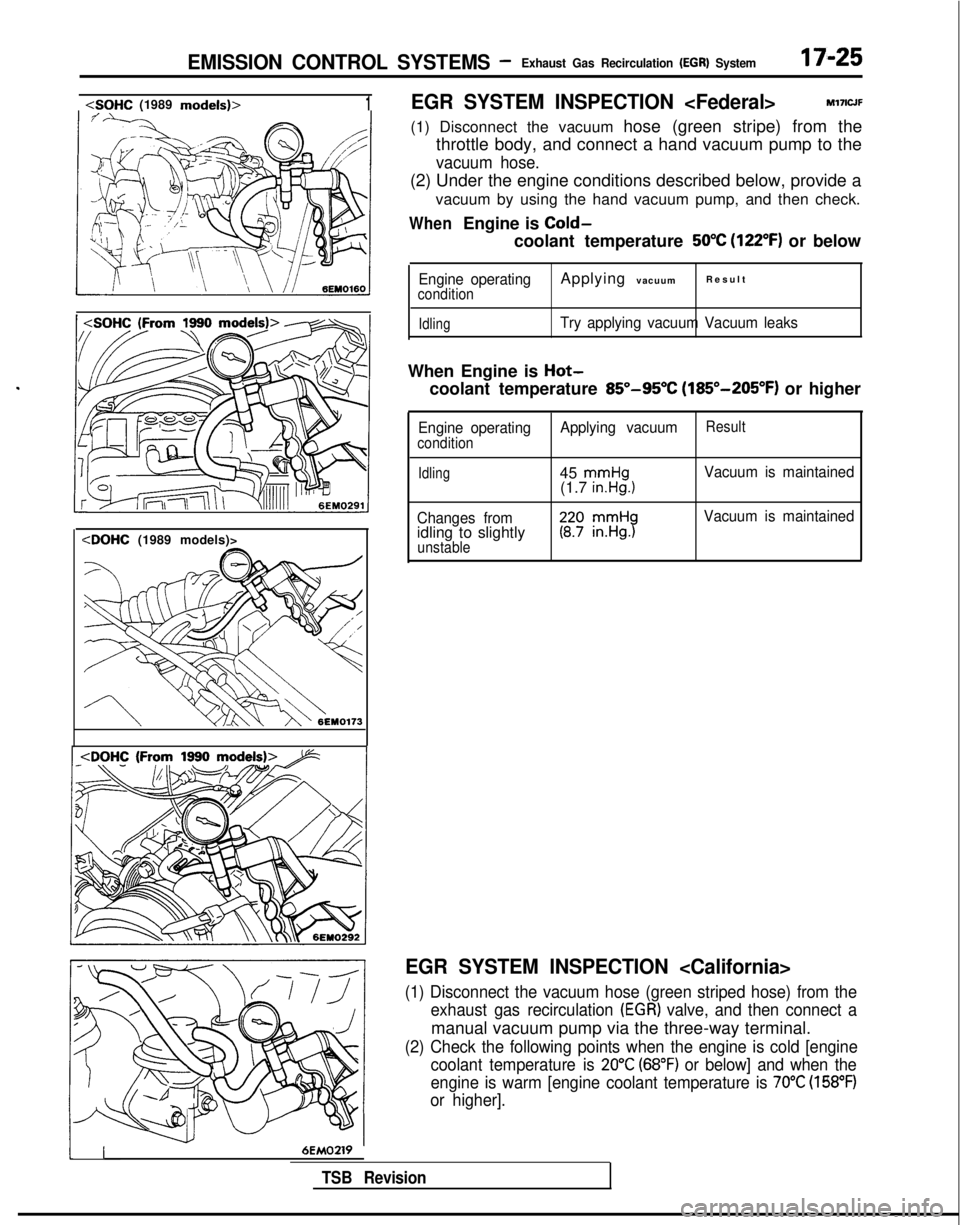 MITSUBISHI GALANT 1989 Service Repair Manual EMISSION CONTROL SYSTEMS -Exhaust Gas Recirculation (EGR) System17-25
<SOHC (1989models)>1
.
<DOHC (1989 models)>
EGR SYSTEM INSPECTION <Federal>Ml7ICJF
(1) Disconnect the vacuum hose (green stripe) f MITSUBISHI GALANT 1989 Service Repair Manual EMISSION CONTROL SYSTEMS -Exhaust Gas Recirculation (EGR) System17-25
<SOHC (1989models)>1
.
<DOHC (1989 models)>
EGR SYSTEM INSPECTION <Federal>Ml7ICJF
(1) Disconnect the vacuum hose (green stripe) f