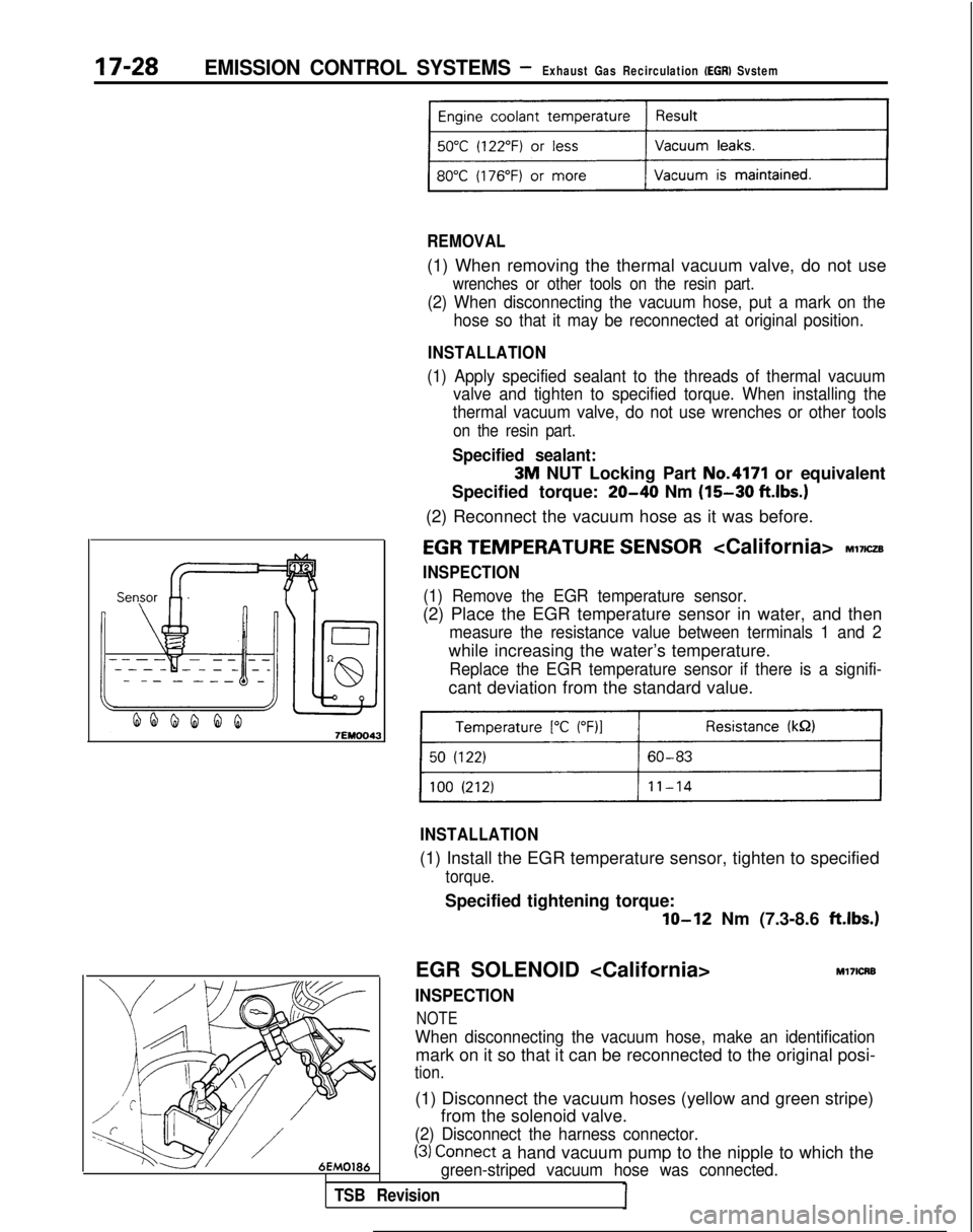 MITSUBISHI GALANT 1989  Service Repair Manual 17-28EMISSION CONTROL SYSTEMS -Exhaust Gas Recirculation (EGR) Svstem
n
7@
REMOVAL
(1) When removing the thermal vacuum valve, do not use
wrenches or other tools on the resin part.
(2) When disconnect
