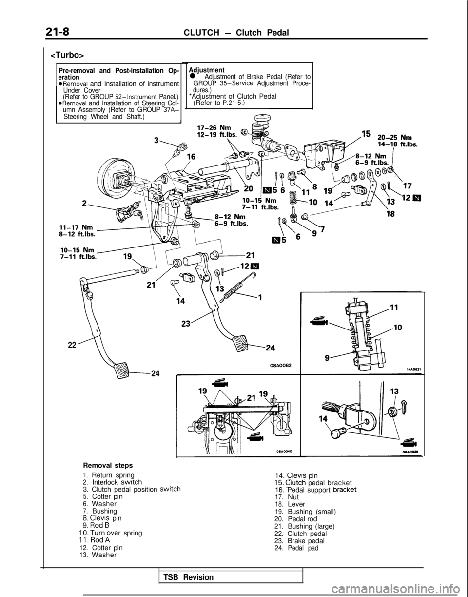 MITSUBISHI GALANT 1989  Service Repair Manual 21-8CLUTCH- Clutch Pedal
<Turbo>
Pre-removal and Post-installation Op-eration*Removal and Installation of instrumentUnder Cover
(Refer to GROUP 52-Instrument  Panel.)*Removal and Installation of Steer